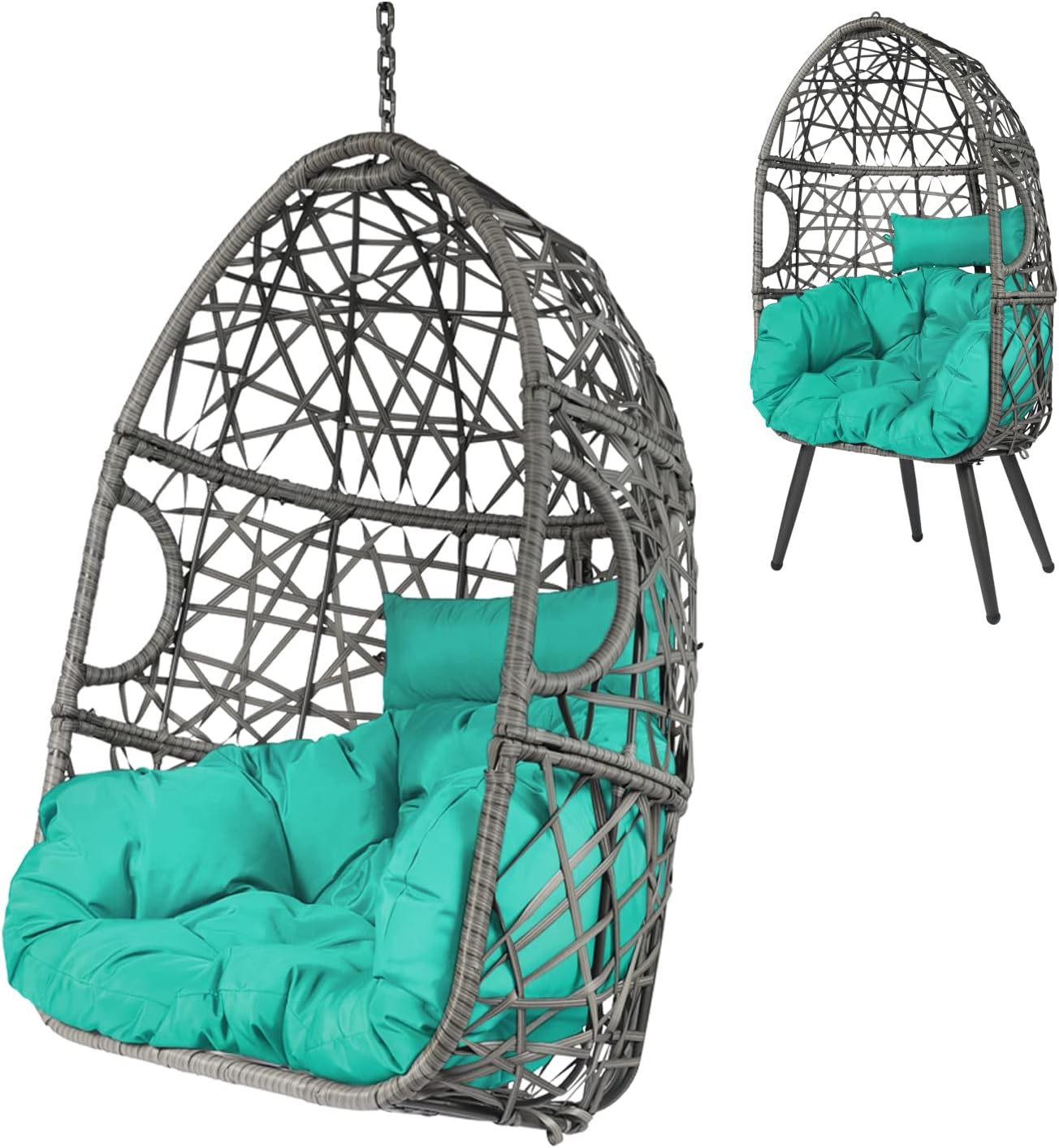 LAZZO Swing Egg Chair, Rattan Hanging Chair, Indoor & Outdoor Hammock Chair with Seat Cushion & Pillow for Patio Porch Lounge Bedroom