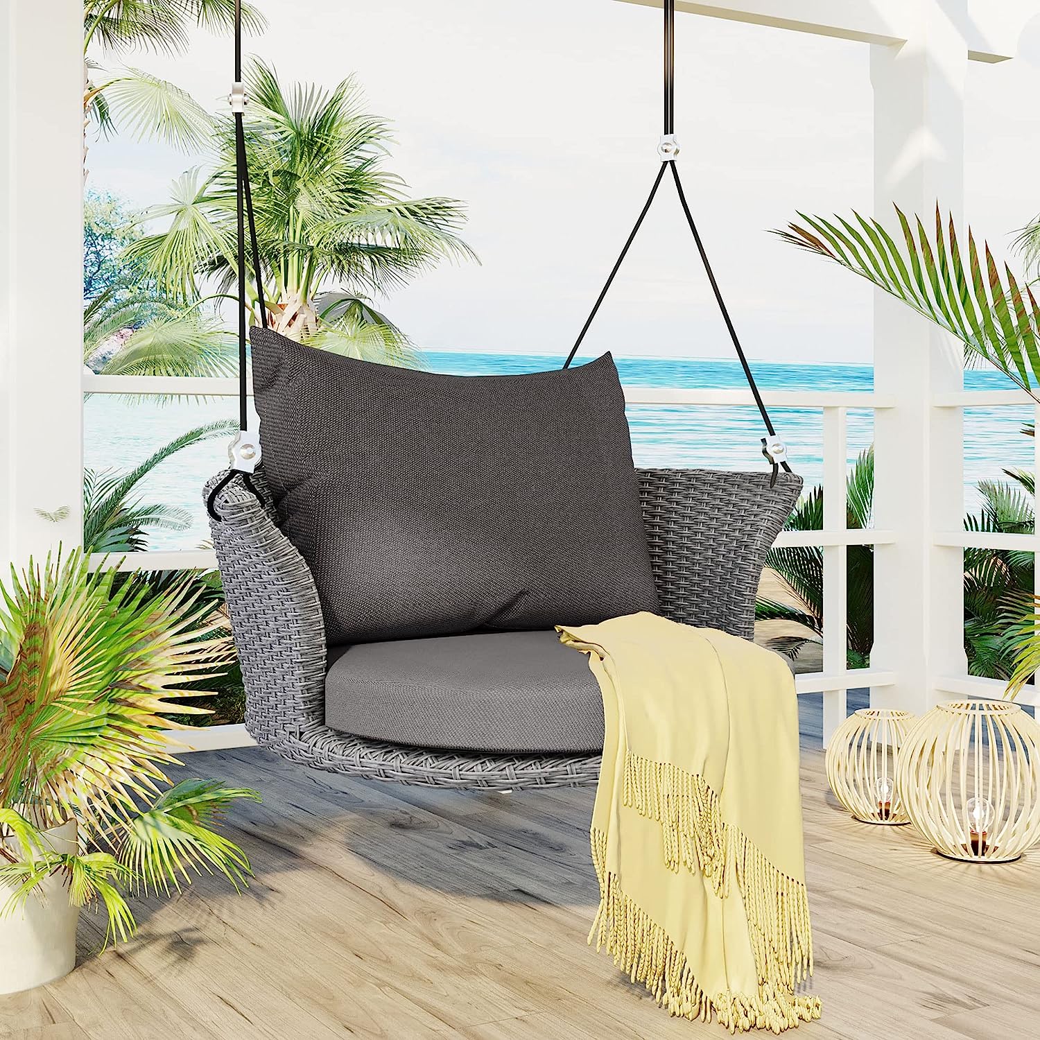 Patio 51.9” 2-Person Swing Chair,Outdoor Rattan Woven Hanging Seat with Adjustable Rope and Cushion,for Porch Lawn Garden Backyard Balconies (Black&b)