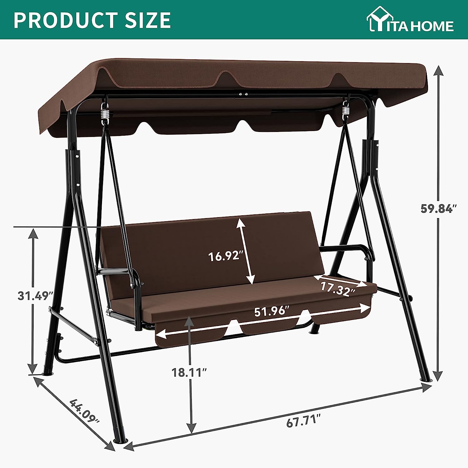 YITAHOME 3-Seat Porch Swing Outdoor Heavy Duty Patio Swing Chair with Stand Adjustable Canopy Soft Cushion for Garden, Patio, Lawn, Balcony and Deck, Black
