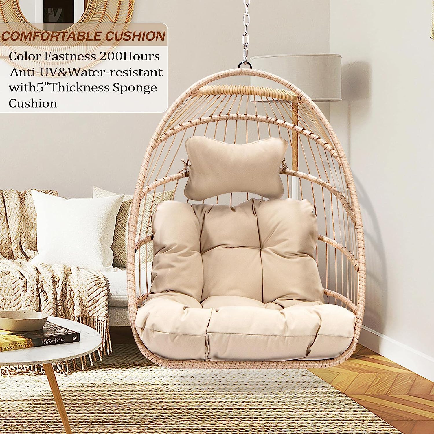 Swing Egg Chair Without Stand Indoor Outdoor Wicker Rattan Patio Basket Hanging Chair with UV Resistant Cushions 265lbs Capaticy for Bedroom Balcony Patio (Without Stand)