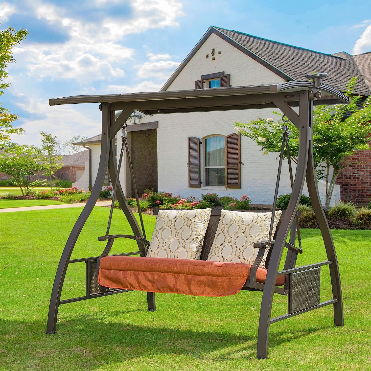 Domi 3-Seat Patio Swing Chair, Outdoor Porch Swing with Adjustable Canopy and Durable Steel Frame, Patio Swing Glider for Garden, Deck, Porch, Backyard