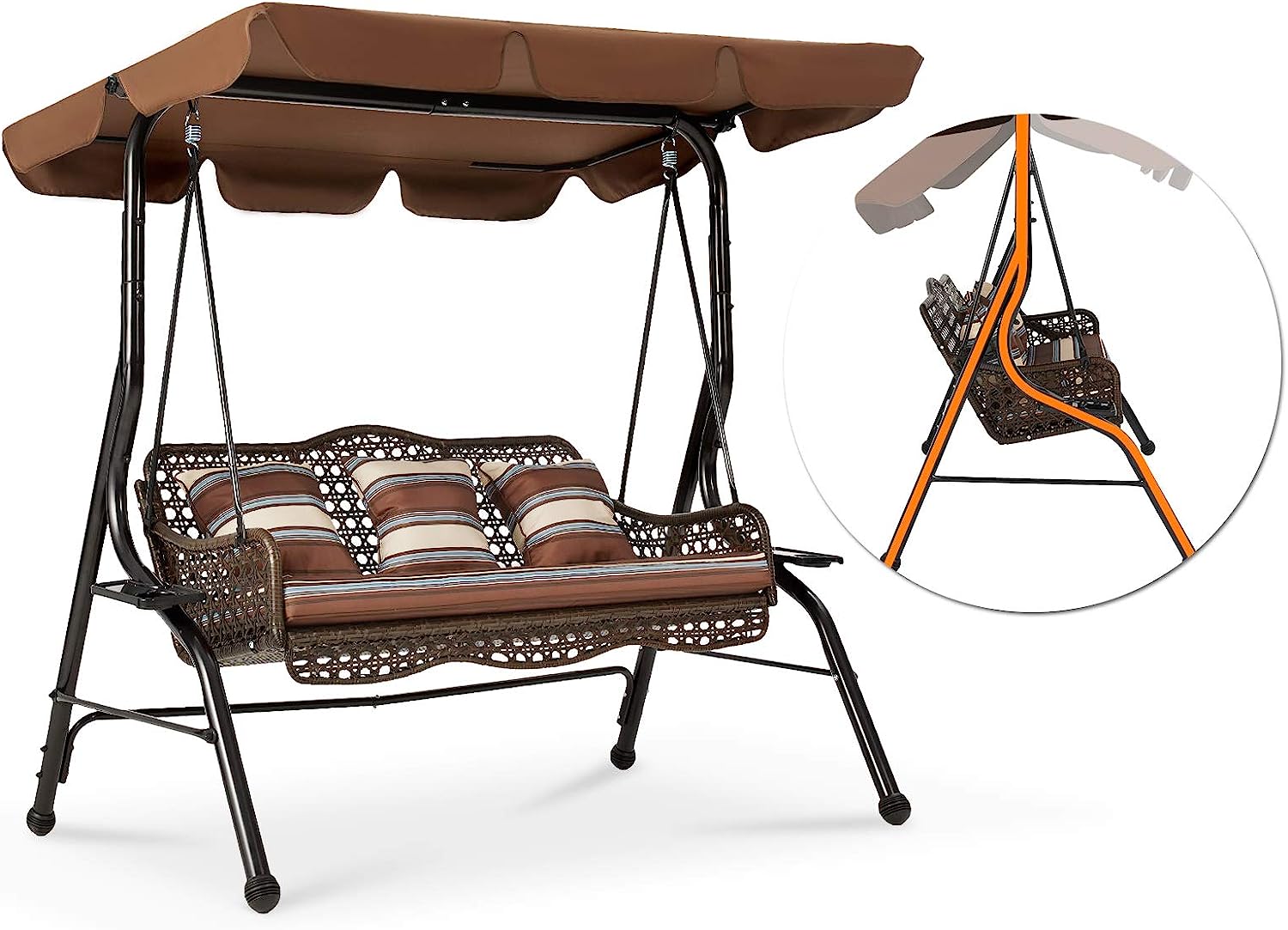 AECOJOY 3-Seat Outdoor Patio Swing Chair, Large Converting Canopy Porch Swing Glider, Hammock Lounge Chair for Porch, Rattan Wicker Steel Frame Cushion & Pillow, Brown