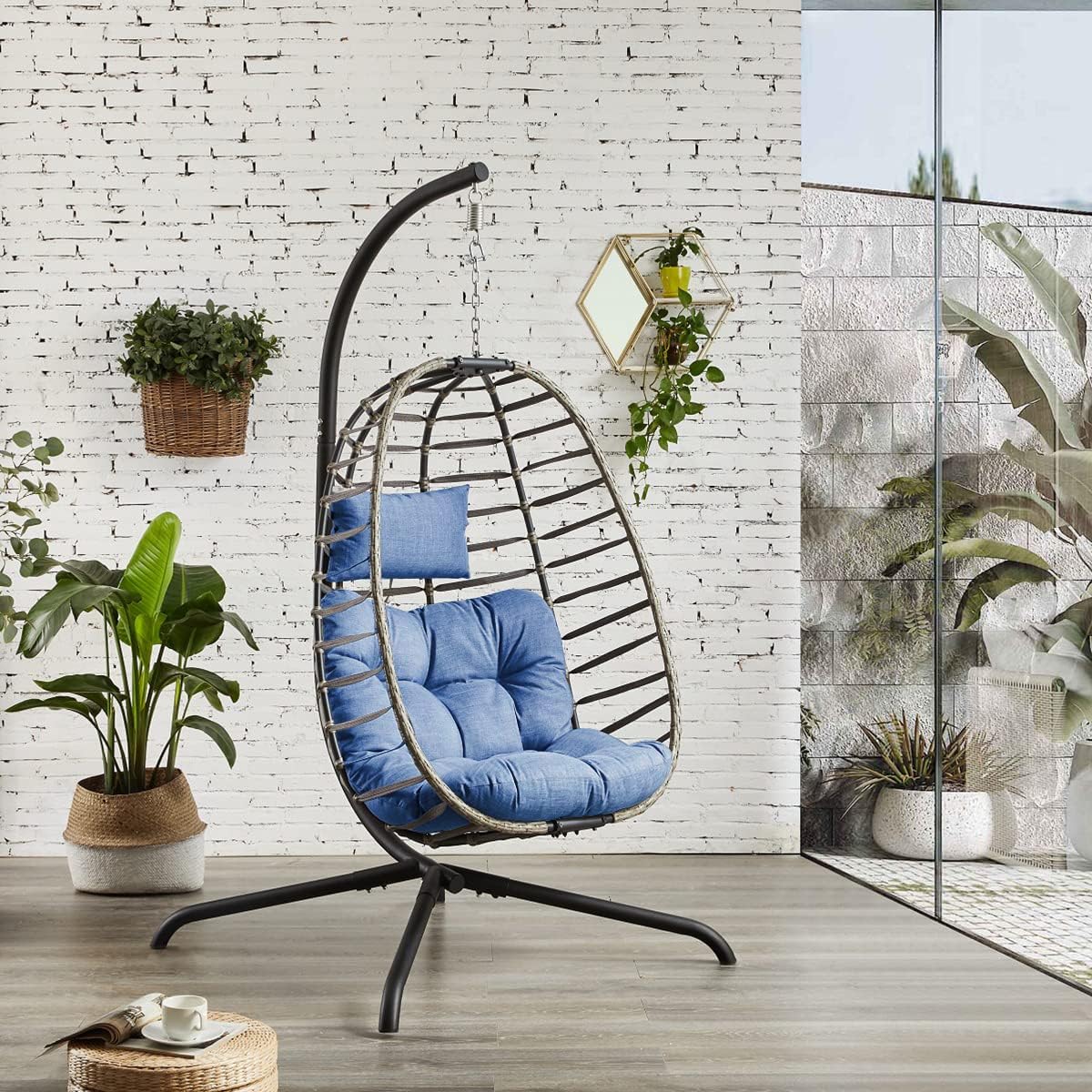 Rilyson Hanging Egg Chair Without Stand - Outdoor Egg Swing Chair with Resistant Cushion Wicker Rattan Swinging Egg Chair for Patio Garden Balcony(Grey/Blue)