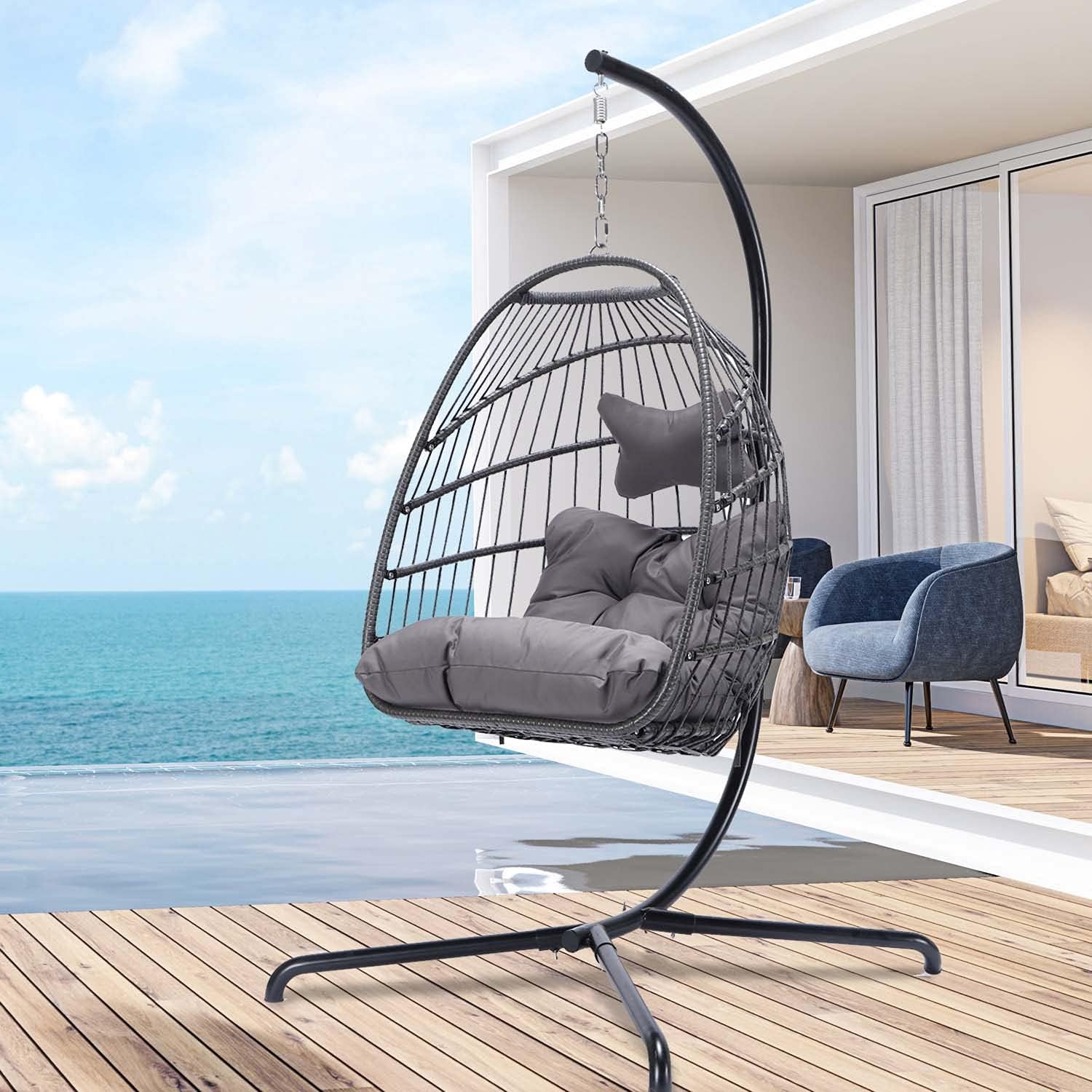 Swing Egg Chair Without Stand Indoor Outdoor Wicker Rattan Patio Basket Hanging Chair with UV Resistant Cushions 265lbs Capaticy for Bedroom Balcony Patio (Without Stand)