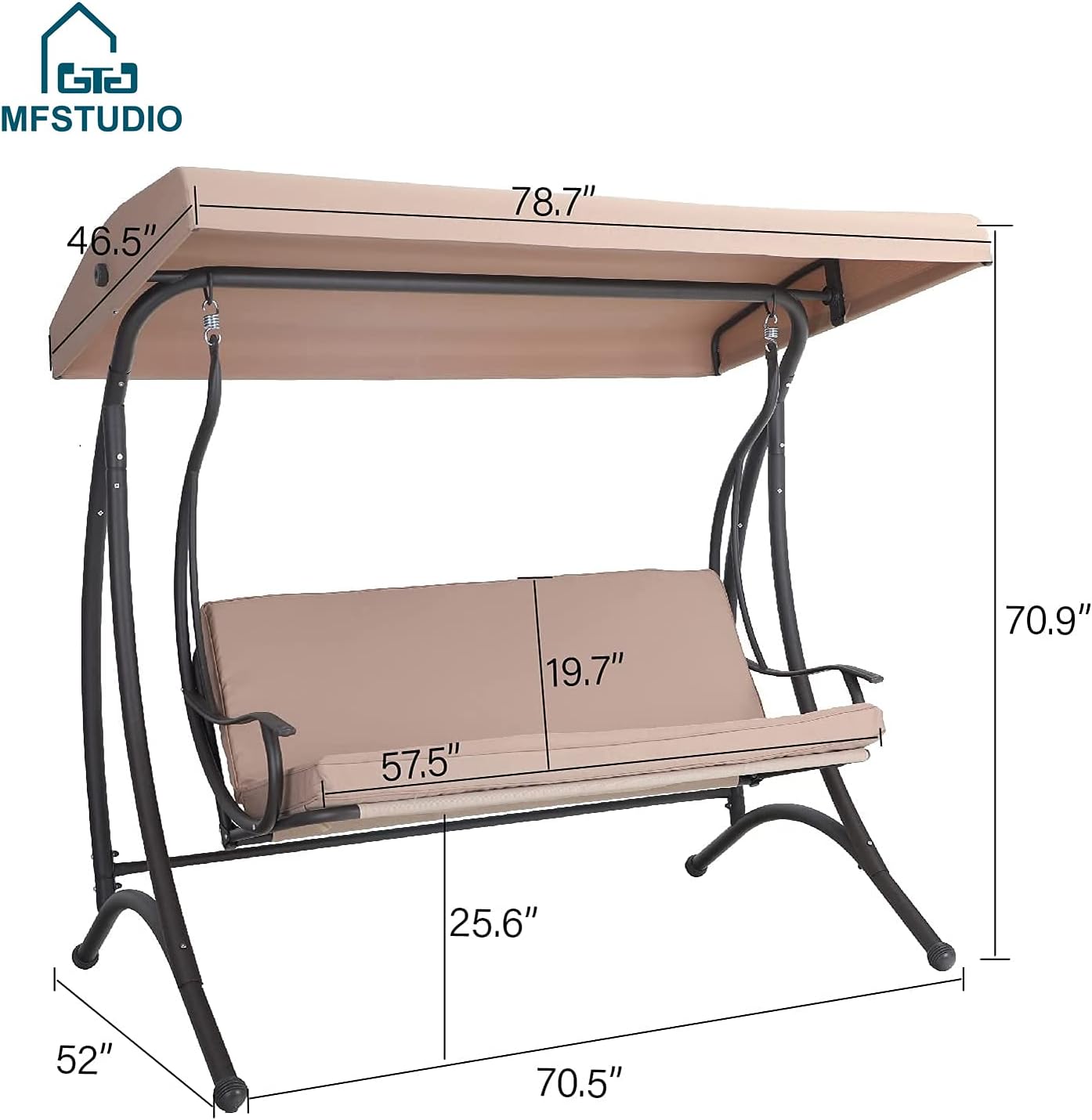 MFSTUDIO 3 Seat Patio Porch Swing, Outdoor Adjustable Canopy Swing Glider with Foldable Side Table and Removable Cushion for,Garden, Poolside, Balcony, Backyard (Beige) …