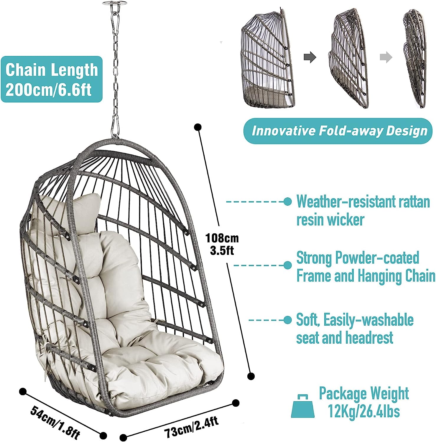 Chihee Egg Chair Foldable Wicker Rattan Hanging Chair Swing Chair Indoor Outdoor Patio Wicker Chair Hammock Chair with Stainless Steel Hanging Kit Chain Link UV Resistant Cushion Bedroom Balcony