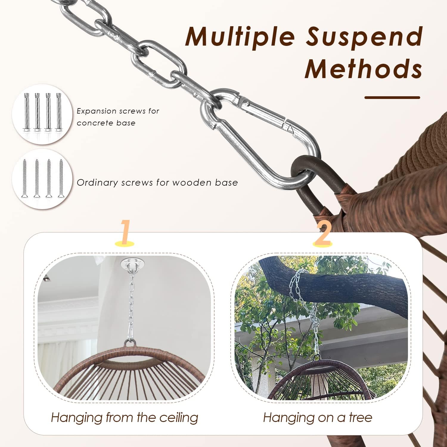 NICESOUL Hanging Egg Chair Without Stand PE Wicker Swing Hammock Egg Basket Ceiling Chairs with Cushions 265lbs Capaticy for Bedroom Living Room Patio Backyard Balcony (Brown)