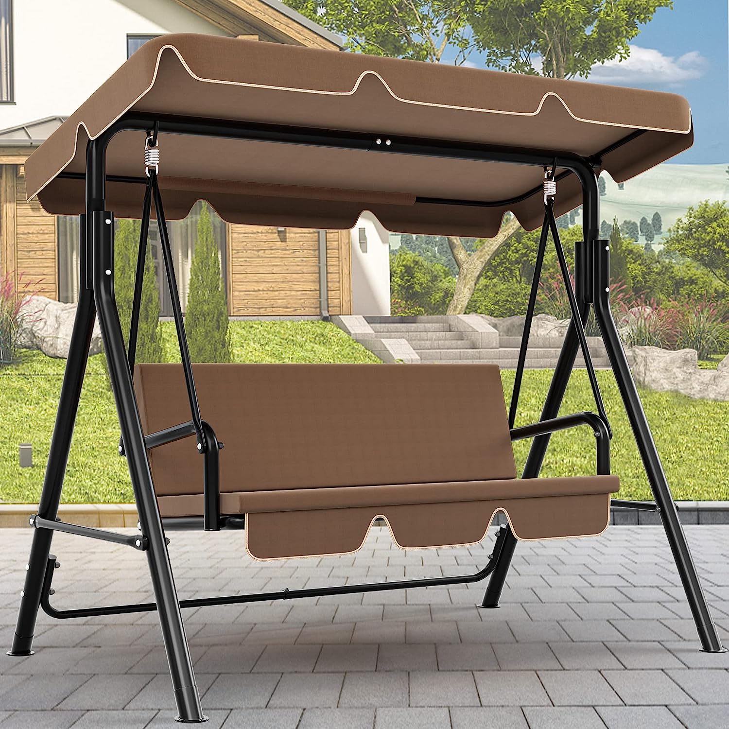 YITAHOME 3-Seat Porch Swing Outdoor Heavy Duty Patio Swing Chair with Stand Adjustable Canopy Soft Cushion for Garden, Patio, Lawn, Balcony and Deck, Black