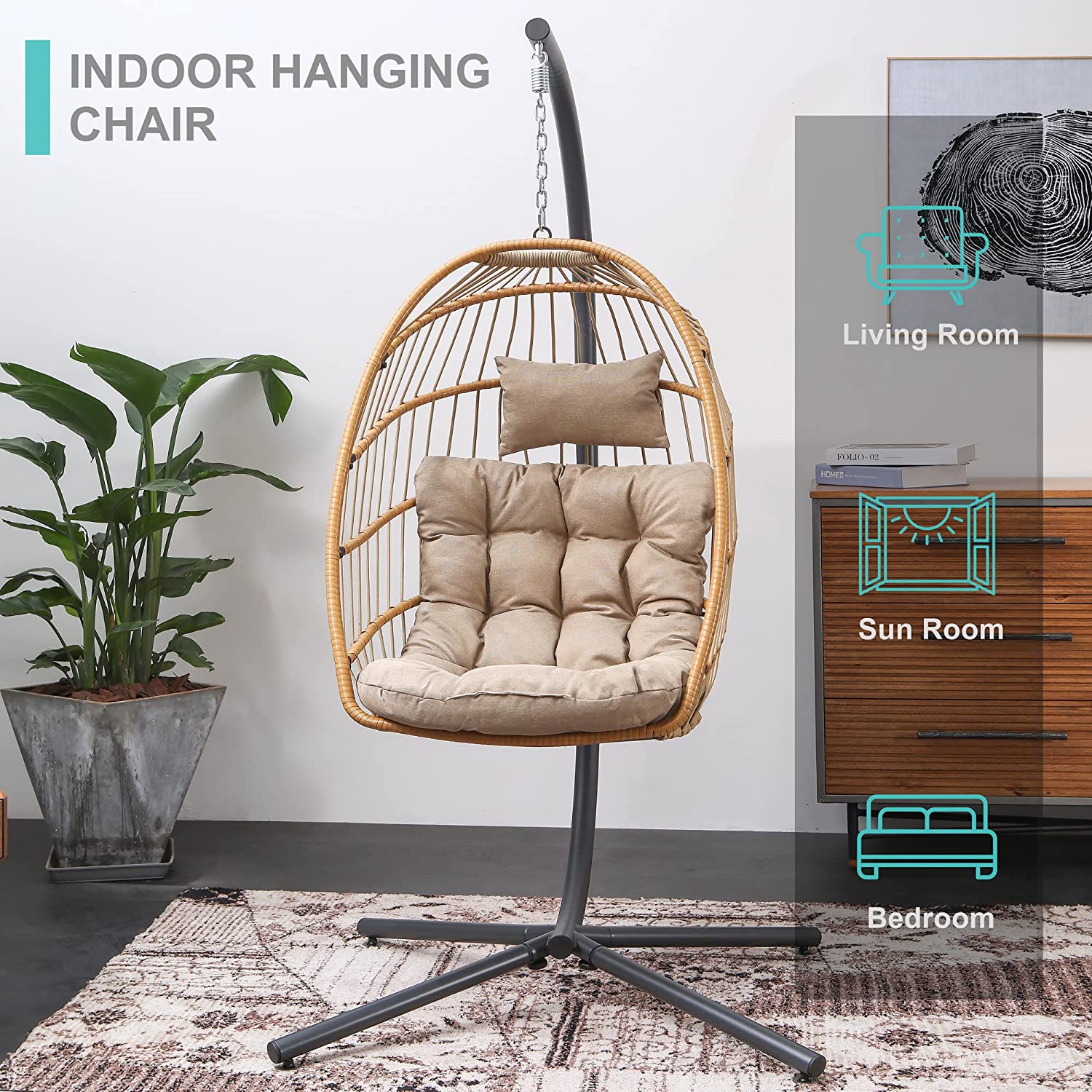 SWITTE Hanging Egg Chair with Stand, Egg Swing Hammock Chair with Stand, Indoor Outdoor Wicker Egg Chair with Cushion Headrest for Patio Bedroom Porch Garden, 350LBS Capacity(Dark Grey)