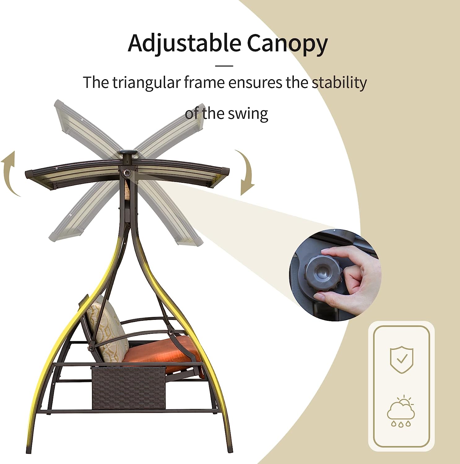 Domi 3-Seat Patio Swing Chair, Outdoor Porch Swing with Adjustable Canopy and Durable Steel Frame, Patio Swing Glider for Garden, Deck, Porch, Backyard