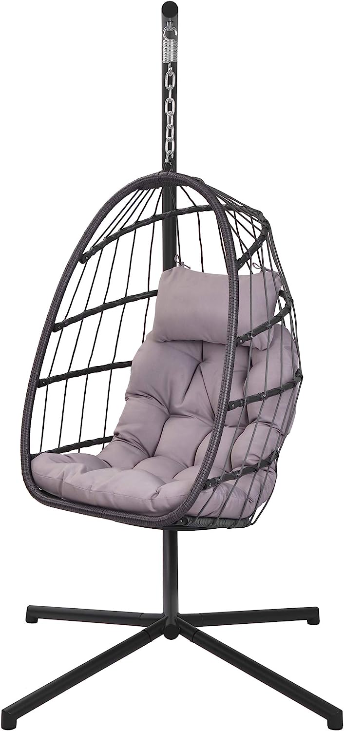 Patio Hanging Egg Chair with Stand Swing Chair,Basket Swinging Chair,Porch Chaise Lounge Chair,Rattan Wicker Hammock Chair with Deep Cushion for Indoor Outdoor Home Bedroom Backyard Balcony (Gray)