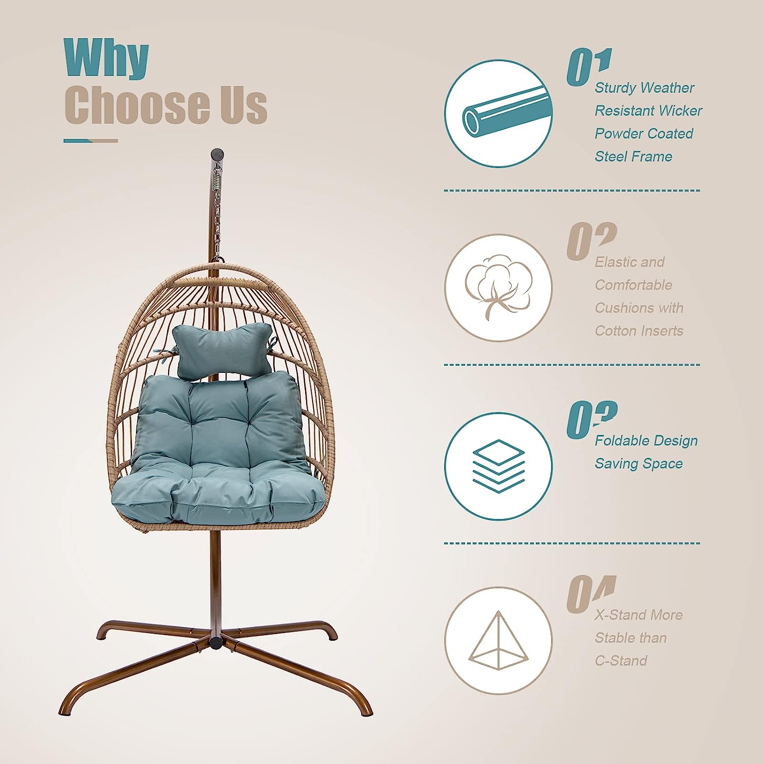 Indoor Outdoor Patio Wicker Hanging Chair Swing Egg Basket Chairs with Stand UV Resistant Cushions 350lbs Capaticy for Patio Backyard Balcony Xmas Gift