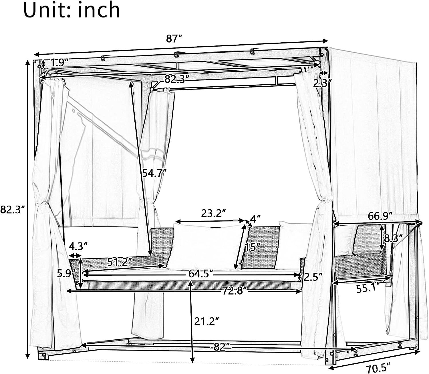 Patio 51.9” 2-Person Swing Chair,Outdoor Rattan Woven Hanging Seat with Adjustable Rope and Cushion,for Porch Lawn Garden Backyard Balconies (Black&b)