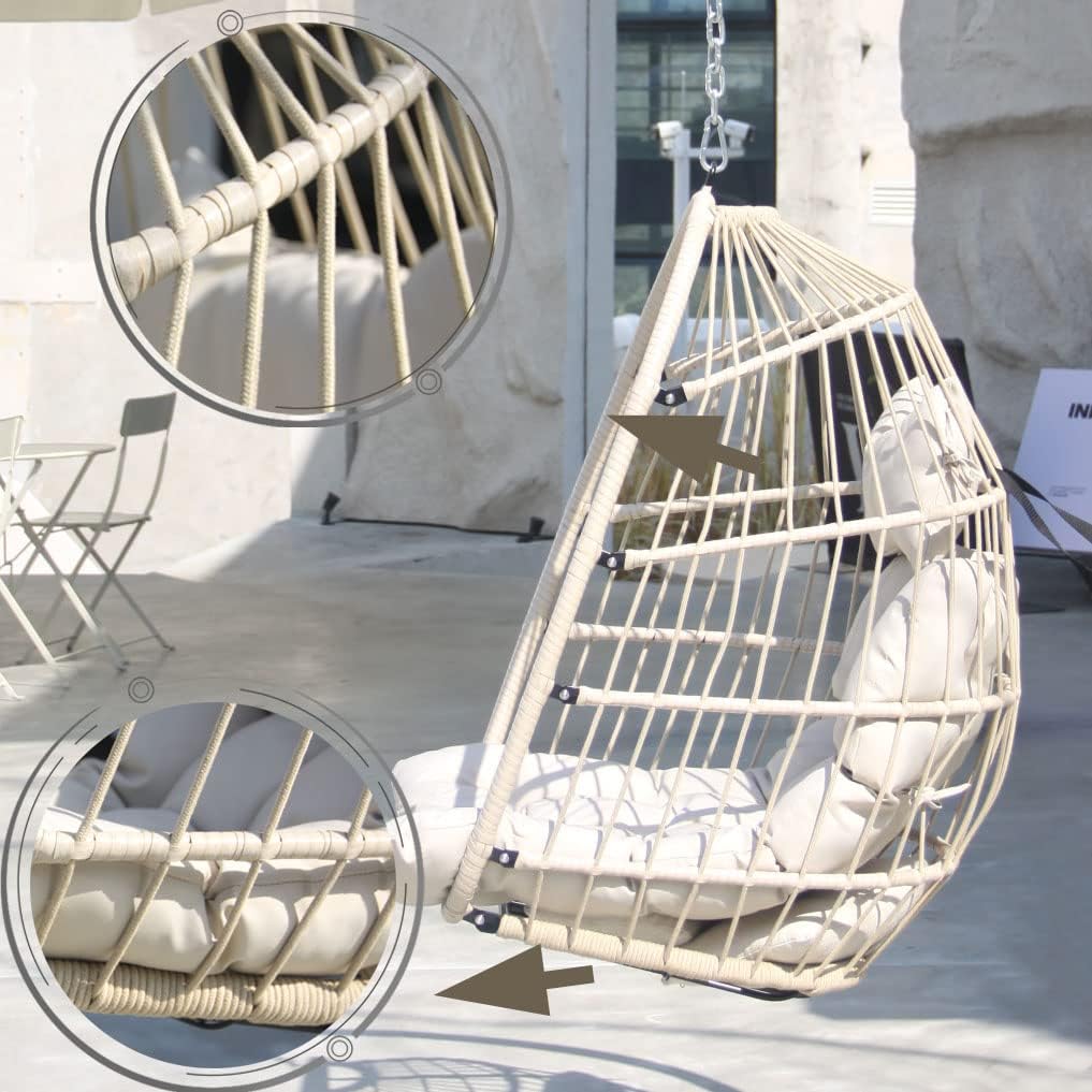 Indoor Outdoor Patio Wicker Hanging Chair Swing Egg Basket Chairs with Stand UV Resistant Cushions 350lbs Capaticy for Patio Backyard Balcony Xmas Gift