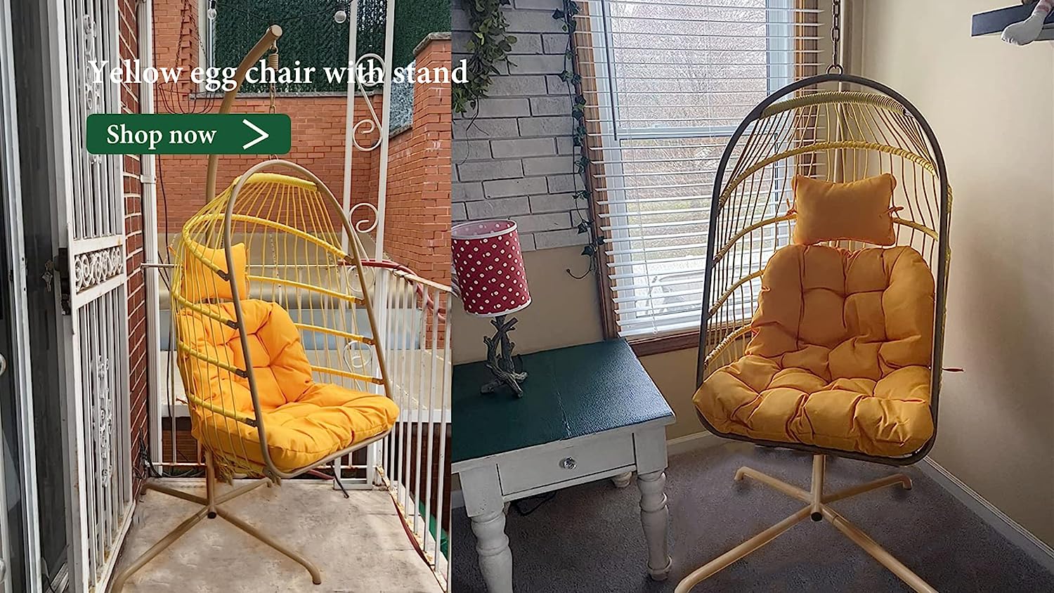 Mojia Patio Wicker Hanging Egg Swing Chair with Stand, Hammock Egg Chairs Foldable UV Resistant Cushions 440lbs Capaticy (Gray)