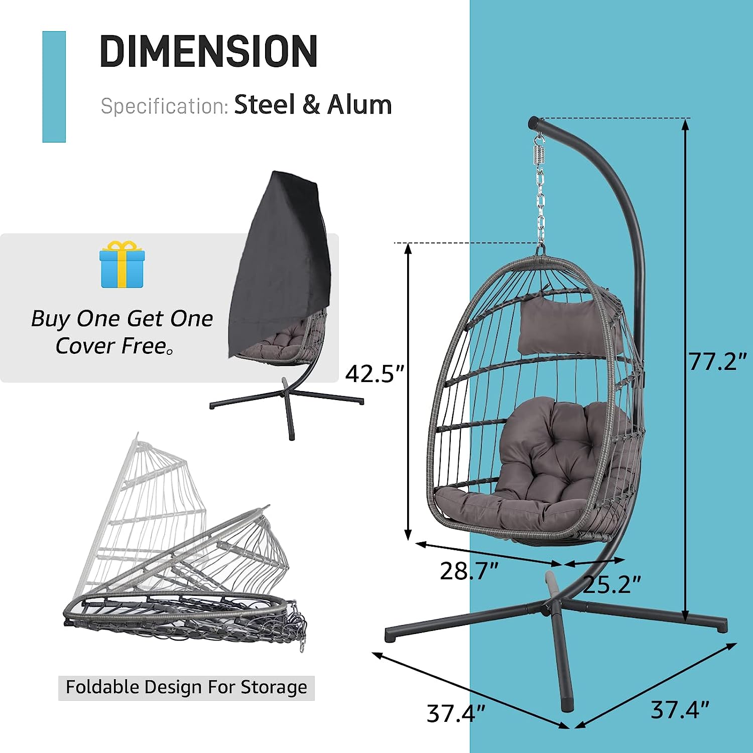 Patiorama Indoor Outdoor Egg Swing Chair with Stand, Patio Grey Wicker Rattan Hanging Chair with Rope Back, Cushion,Cover,All Weather Foldable Hammock Chair for Bedroom, Garden (Light Grey)