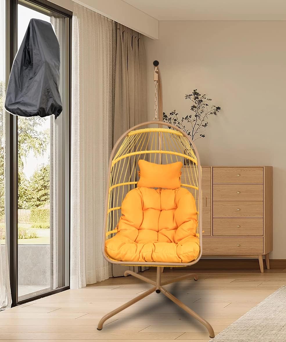 Mojia Patio Wicker Hanging Egg Swing Chair with Stand, Hammock Egg Chairs Foldable UV Resistant Cushions 440lbs Capaticy (Gray)