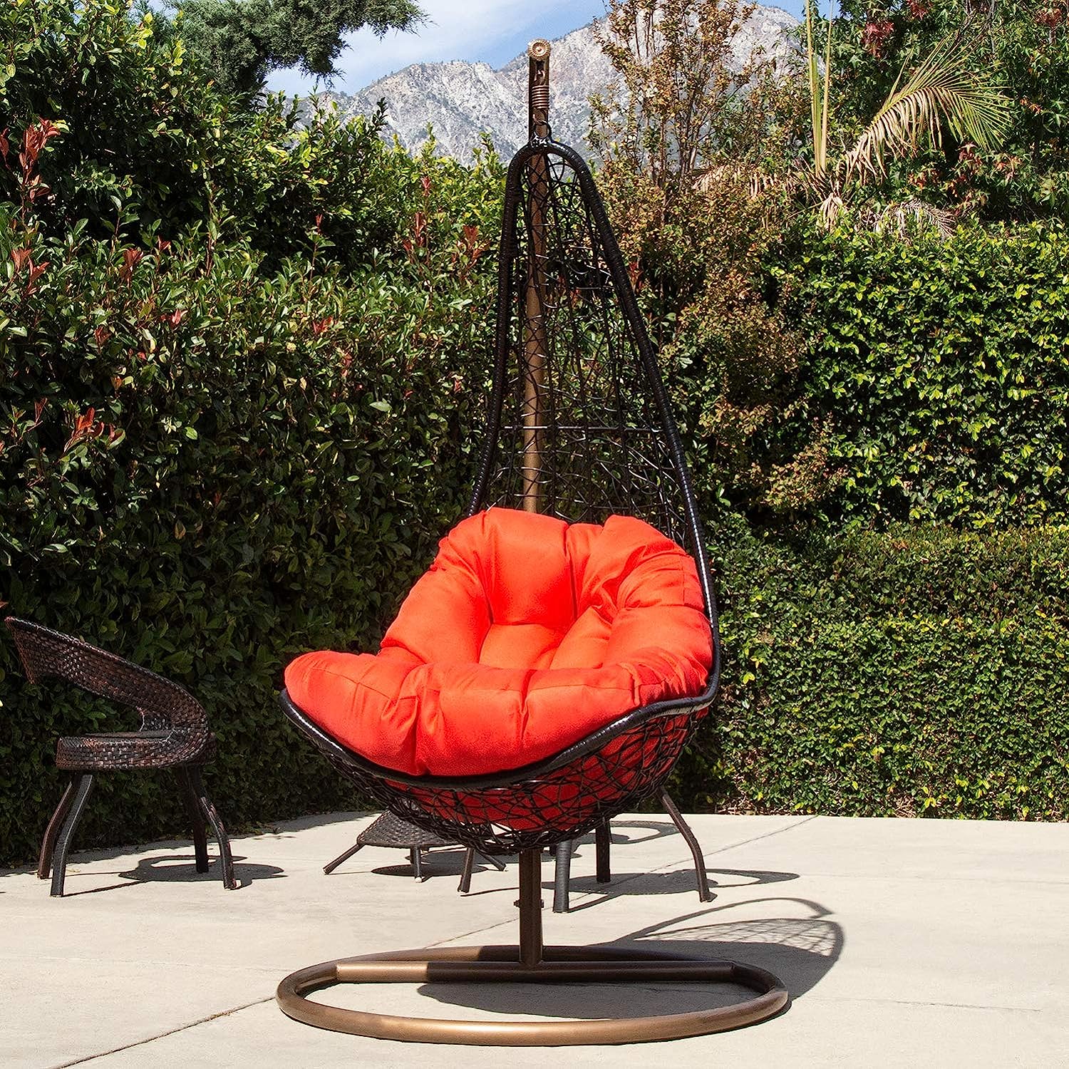 J.M.Deco Porch Swing Chair with Stand, Cushion & Pillow, Goldden Egg Rattan Wicker Swing Hanging Chair, Hammock Chair for Indoor, Outdoor, Garden, Backyard & Patio