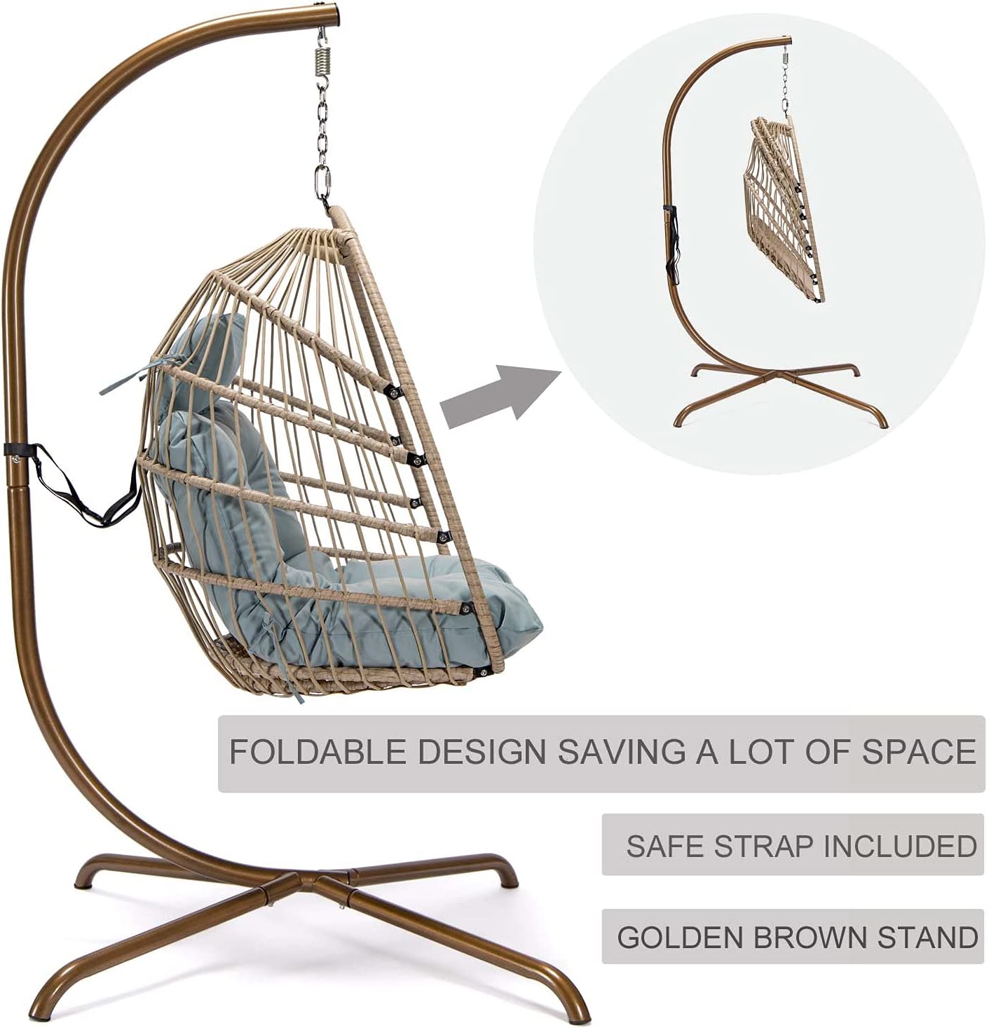 Indoor Outdoor Patio Wicker Hanging Chair Swing Egg Basket Chairs with Stand UV Resistant Cushions 350lbs Capaticy for Patio Backyard Balcony Xmas Gift