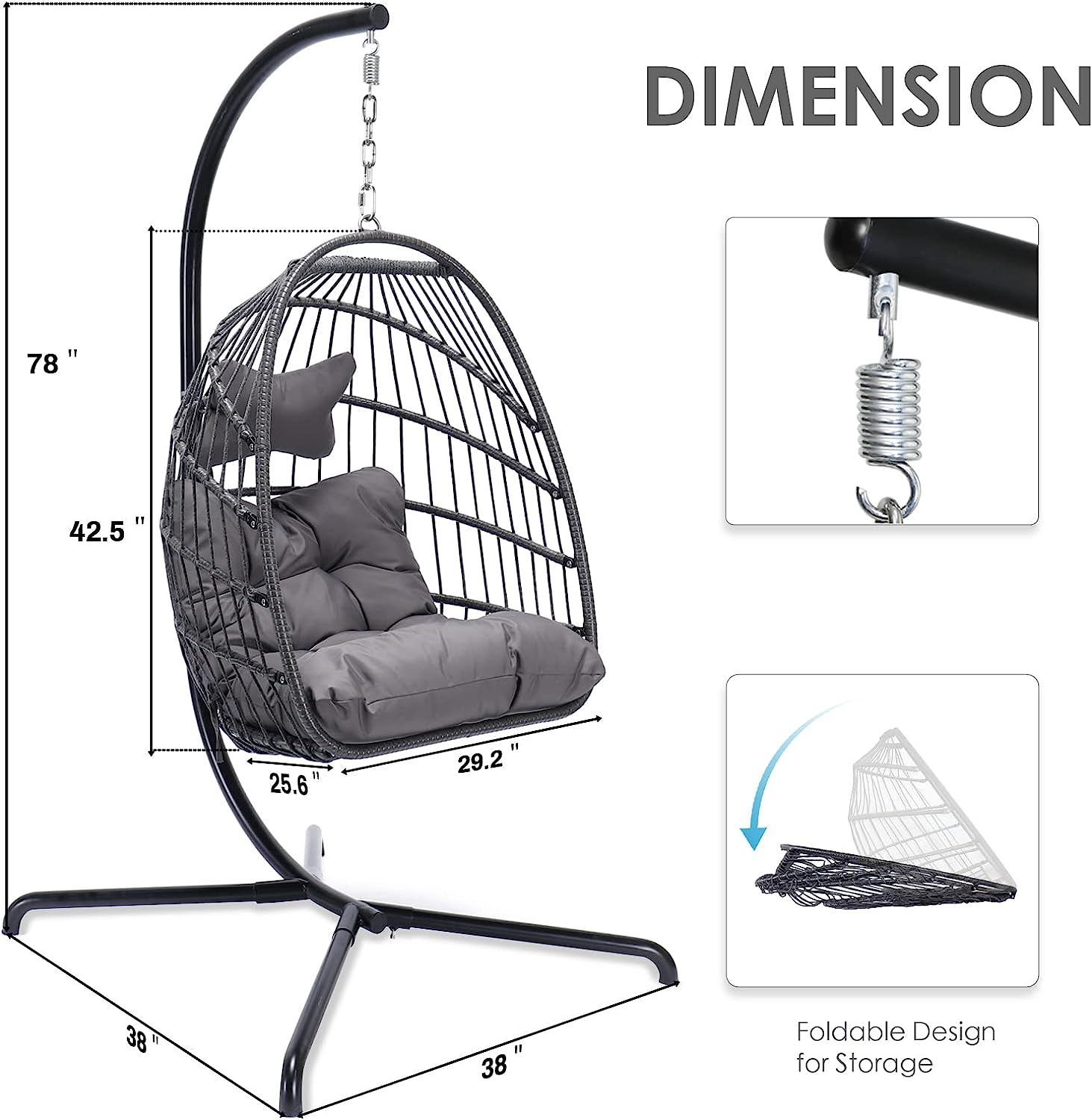 Indoor Outdoor Patio Wicker Hanging Chair Swing Egg Basket Chairs with Stand UV Resistant Cushions 350lbs Capaticy for Patio Backyard Balcony Xmas Gift