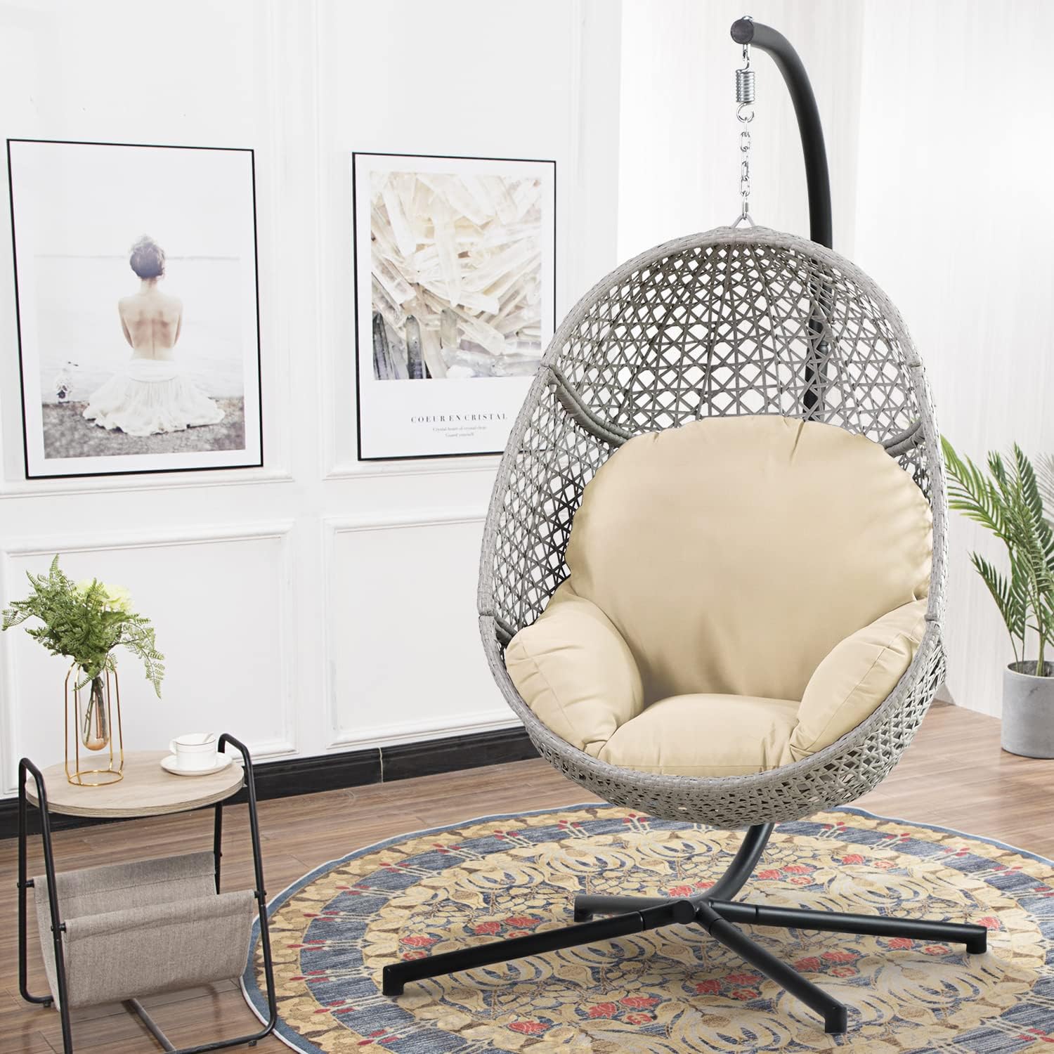PRIVATE GARDEN Large Hanging Egg Chair with Stand Upgraded Wicker Egg Swing Chair Outdoor Indoor PE Rattan Hanging Chair with Grey Comfort Cushion Heavy Duty C-Stand