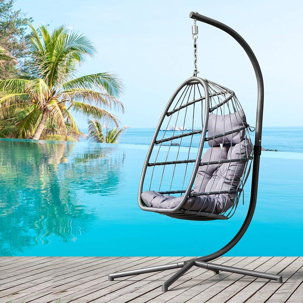 Patio Hanging Egg Chair with Stand Swing Chair,Basket Swinging Chair,Porch Chaise Lounge Chair,Rattan Wicker Hammock Chair with Deep Cushion for Indoor Outdoor Home Bedroom Backyard Balcony (Gray)