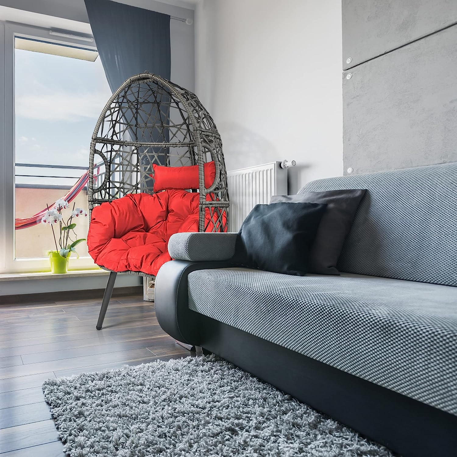 HOPUBUY Hammock Chair Egg Chair with Stand, Hanging Chair with Cushion and Pillow, Rattan Egg Swing Chair for Outdoor Indoor Bedroom, Porch, Balcony, Tree (C-Stand not Included)