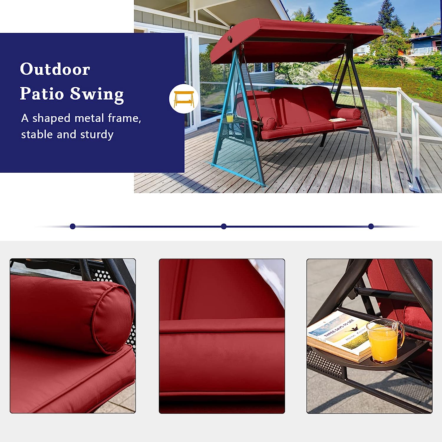 NOBLEMOOD Outdoor Porch Swing with Stand and Canopy, 3 Seat Freestanding Metal Porch Swing Bed with Cushions and Cup Trays for Backyard Outside Deck Lawn (Wine Red)