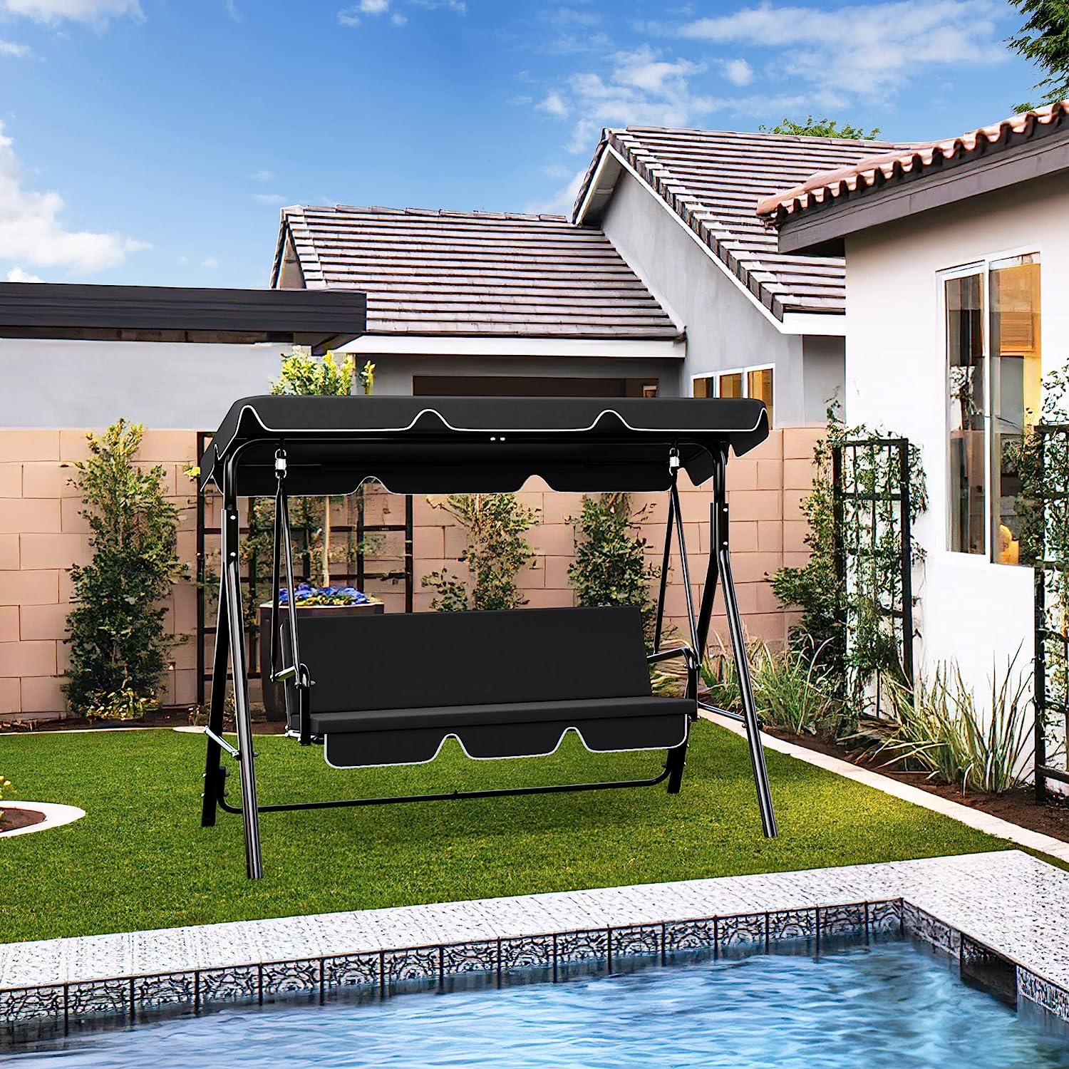 YITAHOME 3-Seat Porch Swing Outdoor Heavy Duty Patio Swing Chair with Stand Adjustable Canopy Soft Cushion for Garden, Patio, Lawn, Balcony and Deck, Black