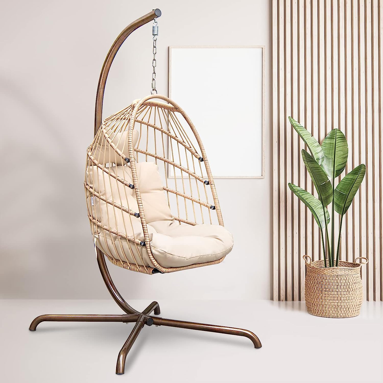 RADIATA Double Egg Chair with Stand Luxury Outdoor Patio Wicker Loveseat Hanging Swing Egg Chairs with Resistant Cushions Metal Frame 500 lbs Capaticy for 2 Persons Patio Backyard Balcony