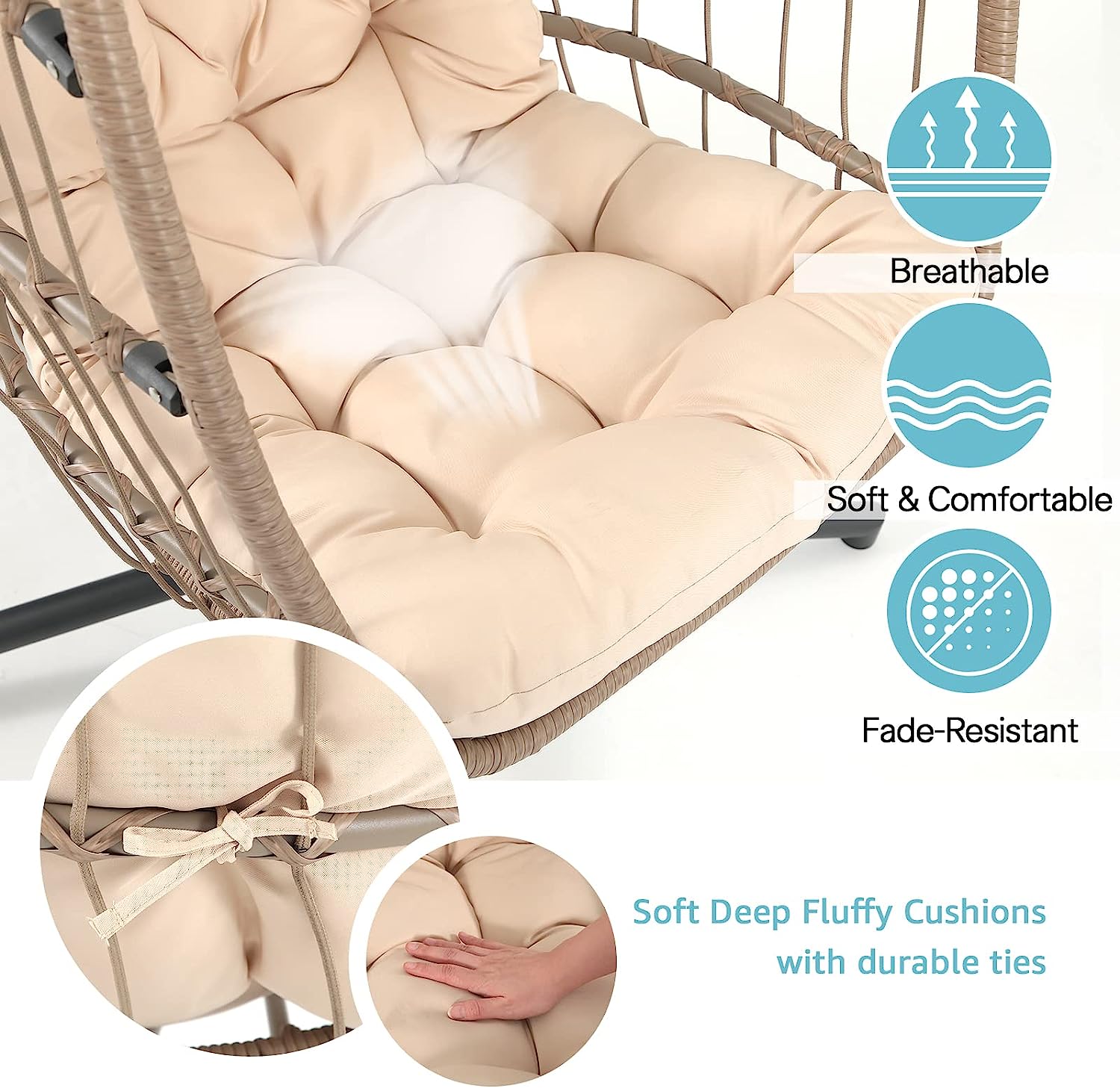 Patiorama Indoor Outdoor Egg Swing Chair with Stand, Patio Grey Wicker Rattan Hanging Chair with Rope Back, Cushion,Cover,All Weather Foldable Hammock Chair for Bedroom, Garden (Light Grey)