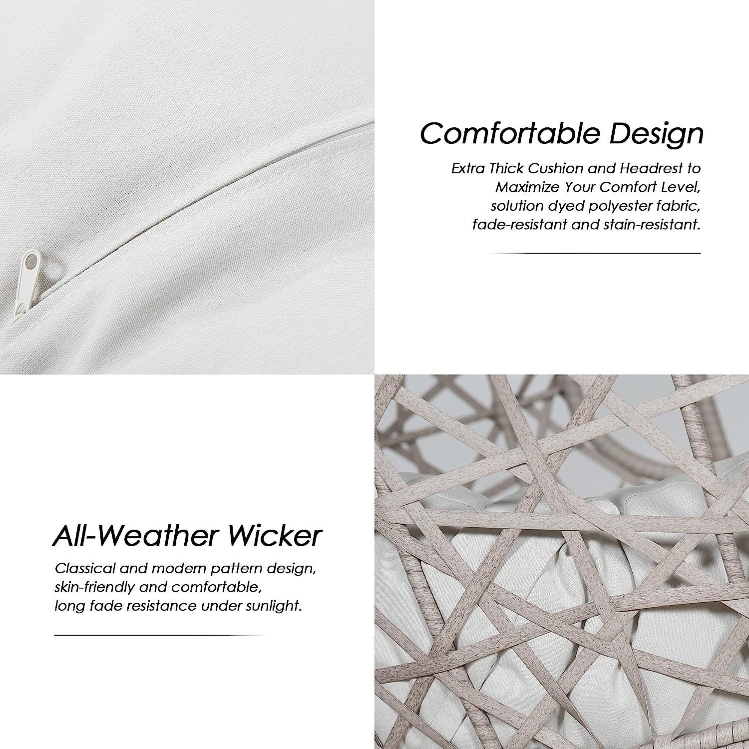 Iwicker Outdoor Rattan Egg Hanging Swing Chair with Cushions and Stand (Beige)