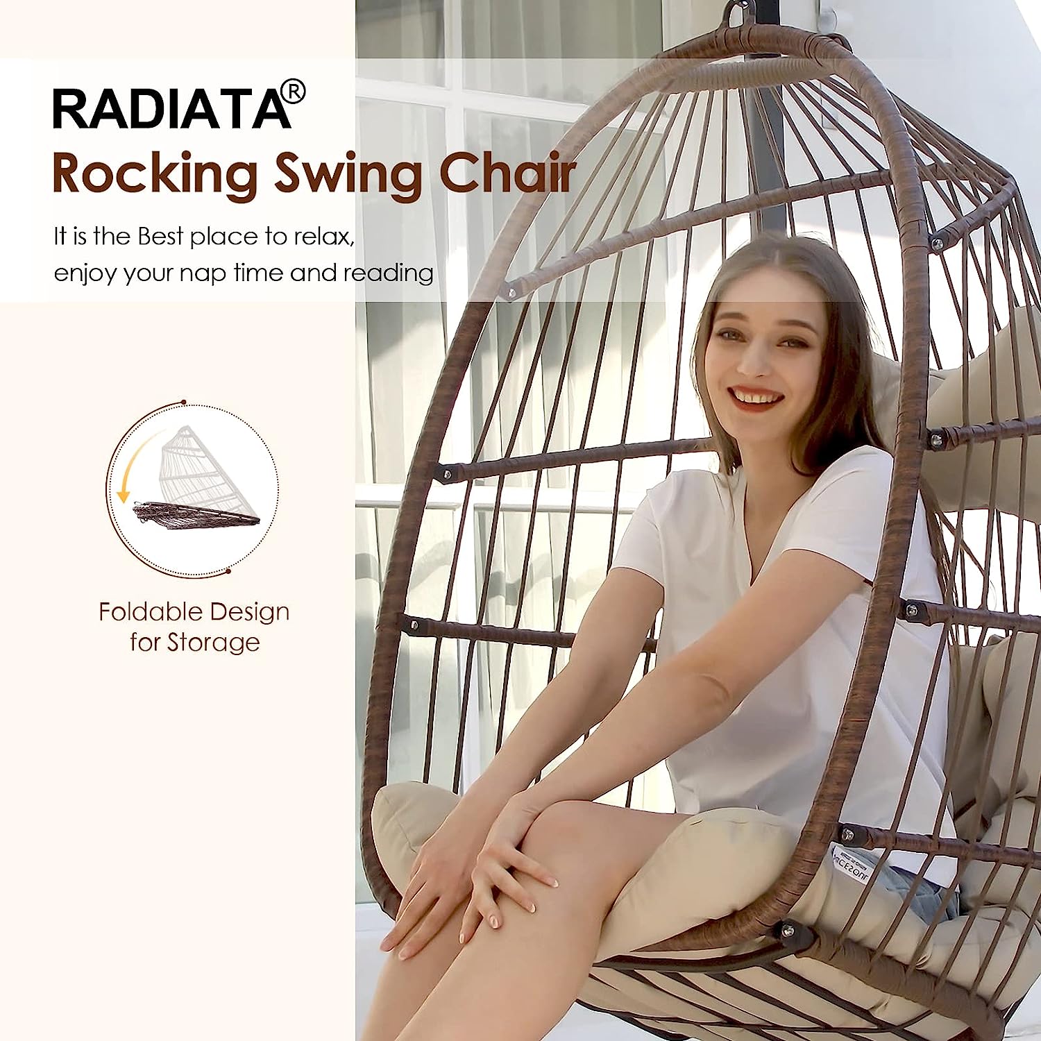 RADIATA Double Egg Chair with Stand Luxury Outdoor Patio Wicker Loveseat Hanging Swing Egg Chairs with Resistant Cushions Metal Frame 500 lbs Capaticy for 2 Persons Patio Backyard Balcony