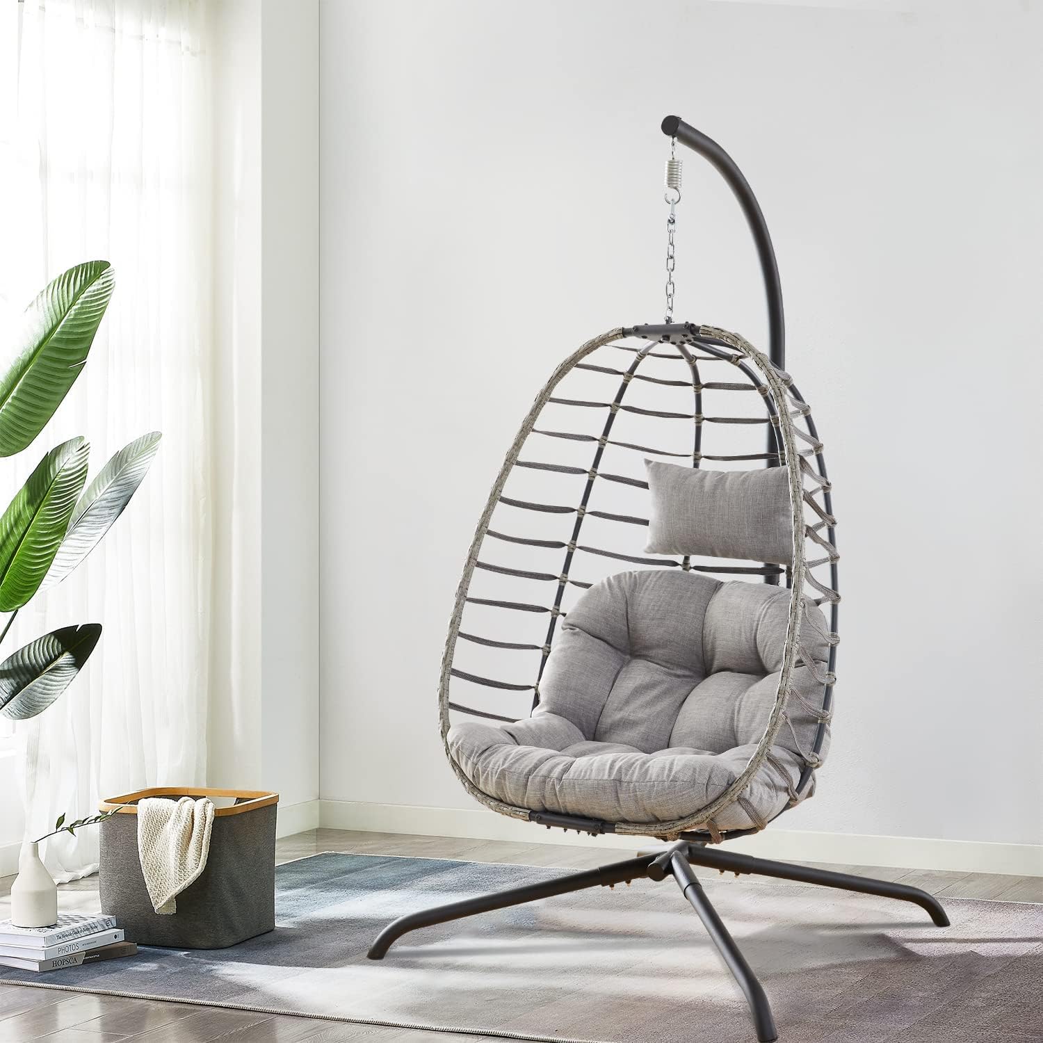 Rilyson Hanging Egg Chair Without Stand - Outdoor Egg Swing Chair with Resistant Cushion Wicker Rattan Swinging Egg Chair for Patio Garden Balcony(Grey/Blue)