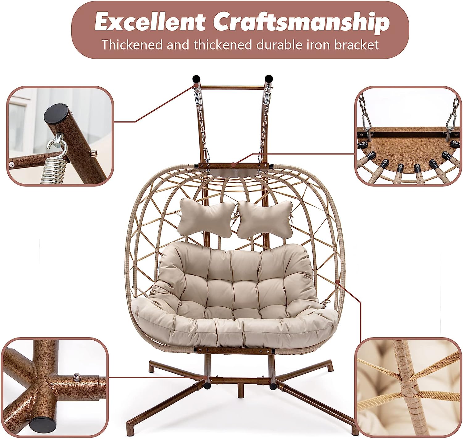 Swing Egg Chair Without Stand Indoor Outdoor Wicker Rattan Patio Basket Hanging Chair with UV Resistant Cushions 265lbs Capaticy for Bedroom Balcony Patio (Without Stand)