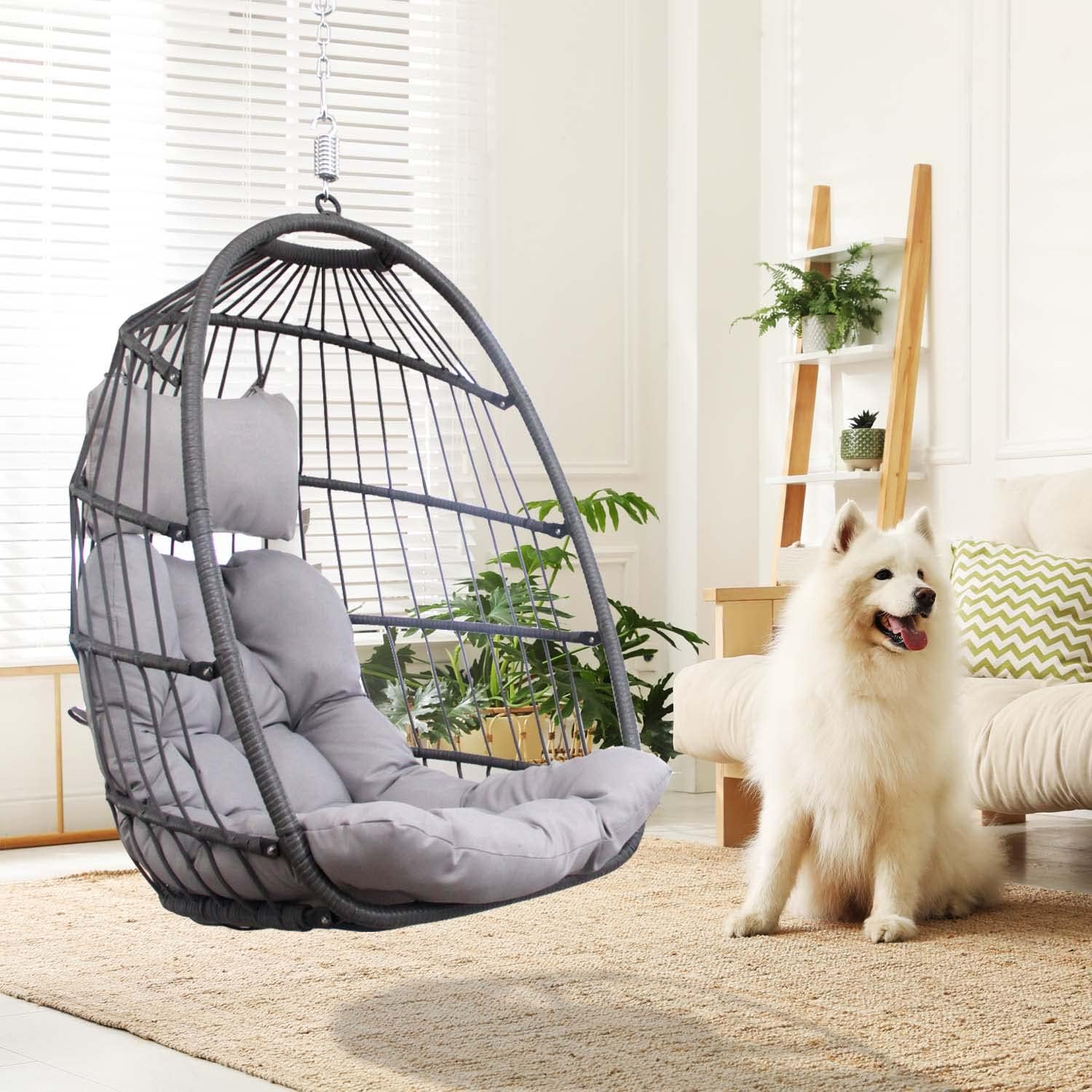 Swing Egg Chair Without Stand Indoor Outdoor Wicker Rattan Patio Basket Hanging Chair with UV Resistant Cushions 265lbs Capaticy for Bedroom Balcony Patio (Without Stand)