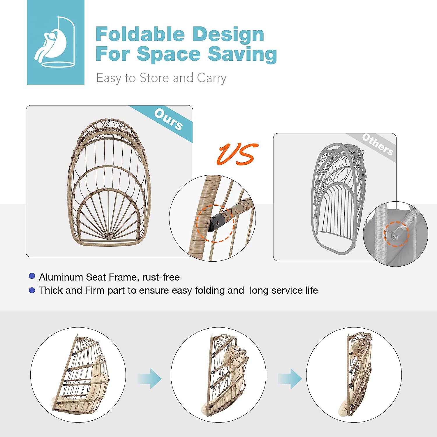 Patiorama Indoor Outdoor Egg Swing Chair with Stand, Patio Grey Wicker Rattan Hanging Chair with Rope Back, Cushion,Cover,All Weather Foldable Hammock Chair for Bedroom, Garden (Light Grey)