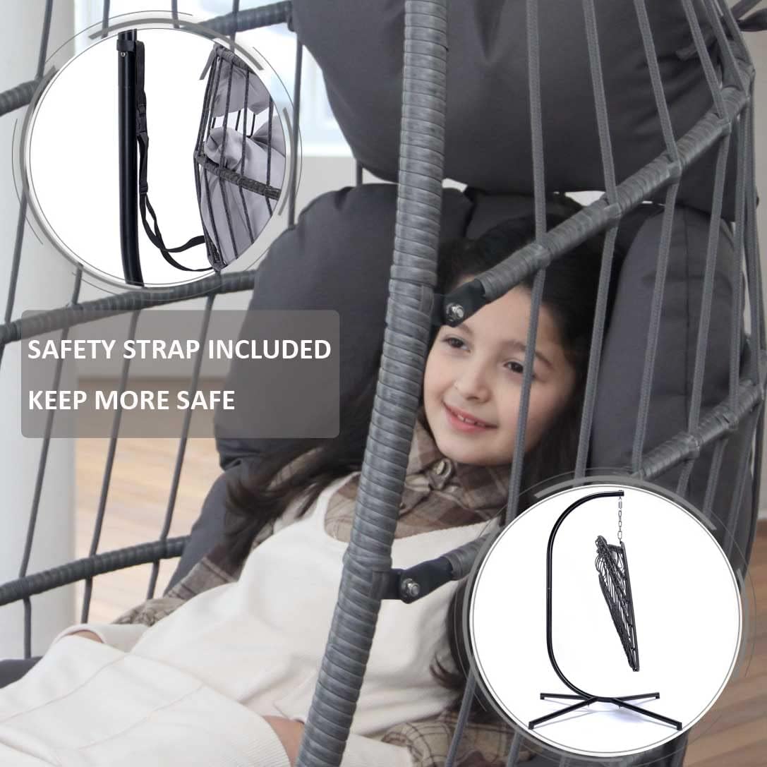Indoor Outdoor Patio Wicker Hanging Chair Swing Egg Basket Chairs with Stand UV Resistant Cushions 350lbs Capaticy for Patio Backyard Balcony Xmas Gift