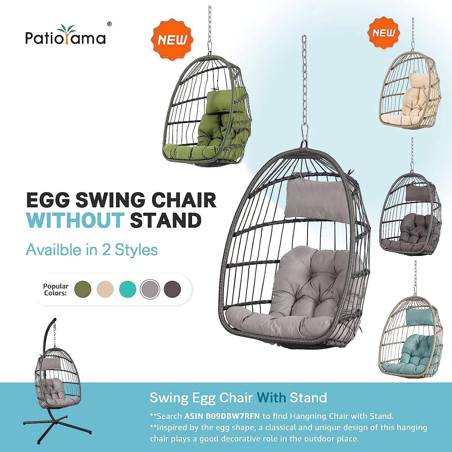 Patiorama Indoor Outdoor Egg Swing Chair with Stand, Patio Grey Wicker Rattan Hanging Chair with Rope Back, Cushion,Cover,All Weather Foldable Hammock Chair for Bedroom, Garden (Light Grey)