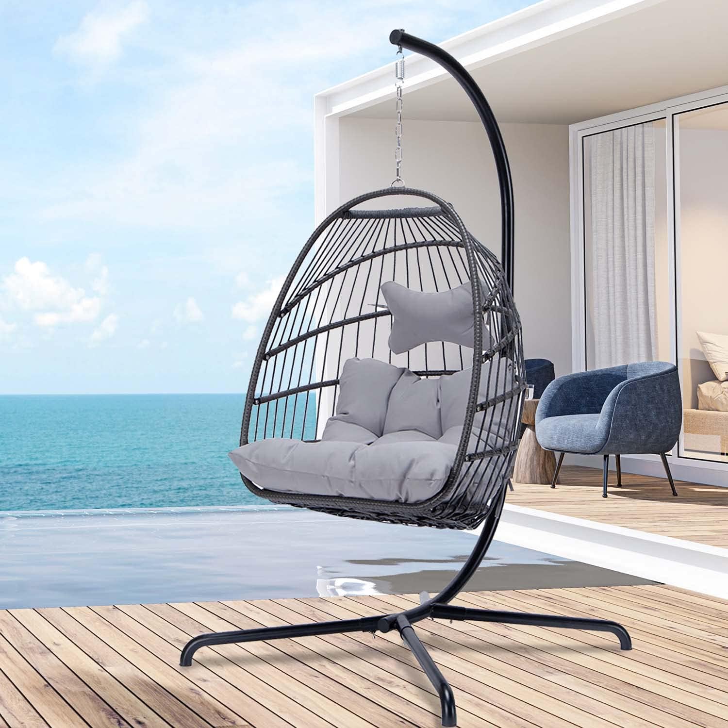 Swing Egg Chair Without Stand Indoor Outdoor Wicker Rattan Patio Basket Hanging Chair with UV Resistant Cushions 265lbs Capaticy for Bedroom Balcony Patio (Without Stand)
