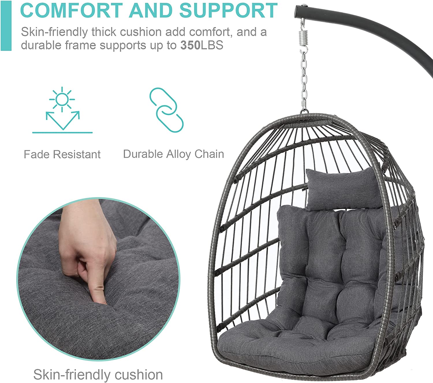 SWITTE Hanging Egg Chair with Stand, Egg Swing Hammock Chair with Stand, Indoor Outdoor Wicker Egg Chair with Cushion Headrest for Patio Bedroom Porch Garden, 350LBS Capacity(Dark Grey)