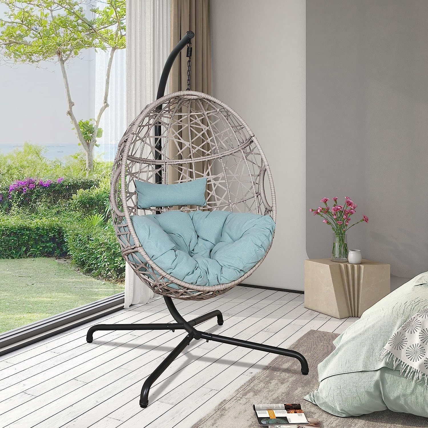 Iwicker Outdoor Rattan Egg Hanging Swing Chair with Cushions and Stand (Beige)
