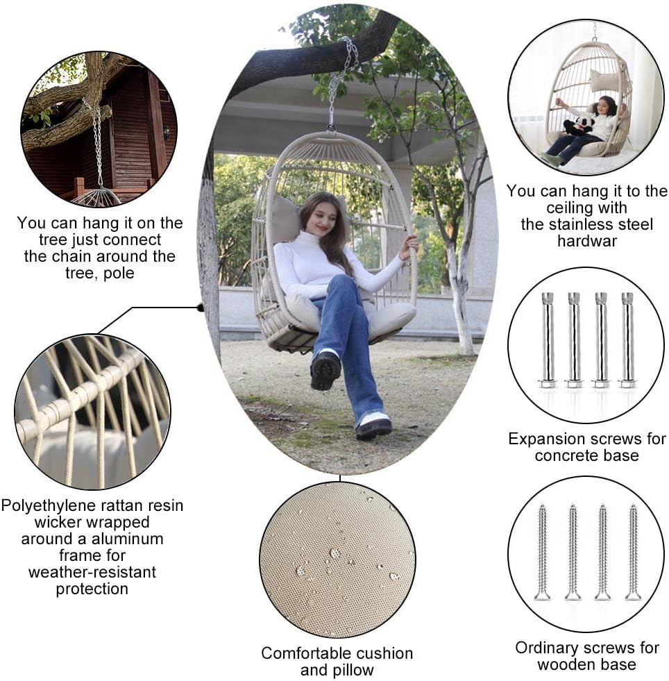 Indoor Outdoor Patio Wicker Hanging Chair Swing Egg Basket Chairs with Stand UV Resistant Cushions 350lbs Capaticy for Patio Backyard Balcony Xmas Gift