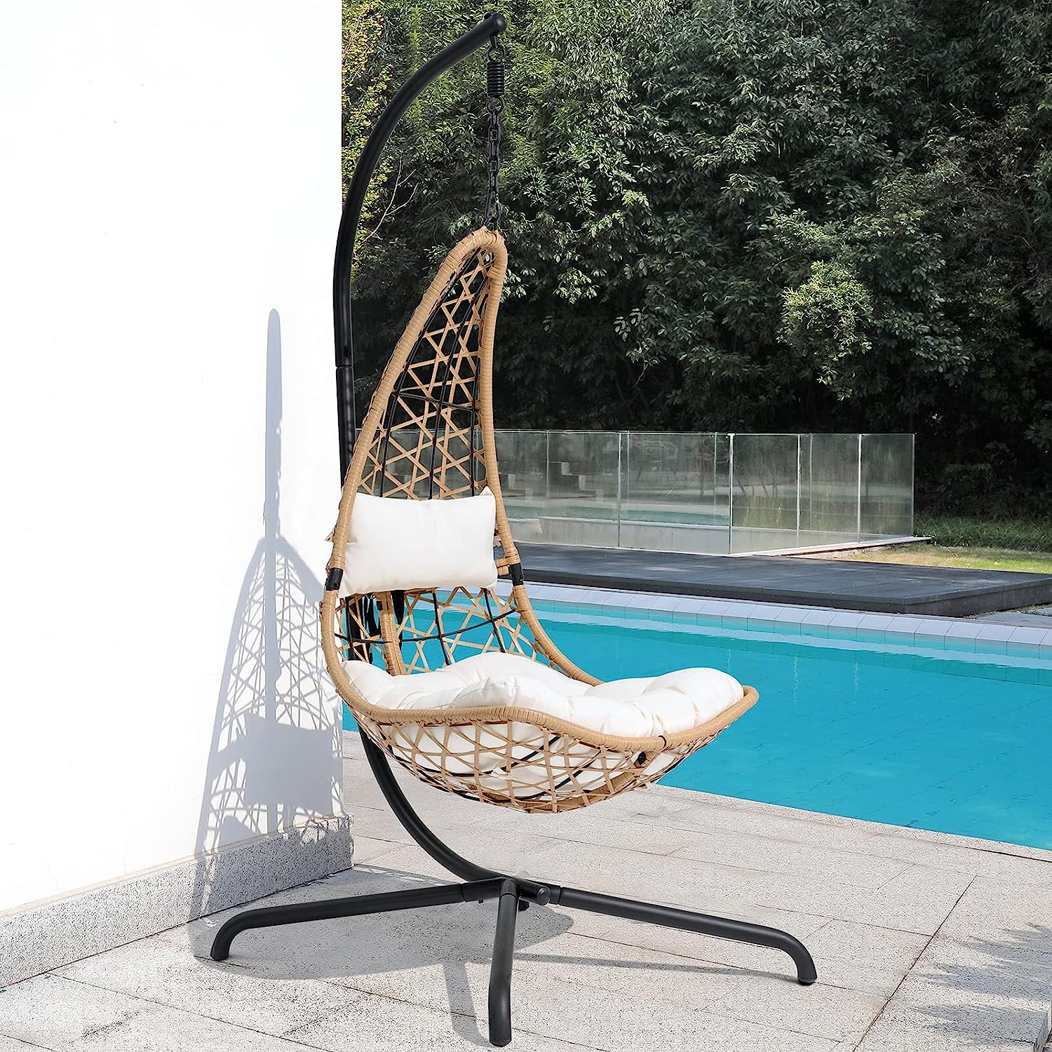 SUNSITT Swing Egg Chair Outdoor Indoor Wicker Hammock Hanging Chair Patio Lounge Chair with Stand and Cushions for Balcony, Deck, Bedroom, Grey Wicker