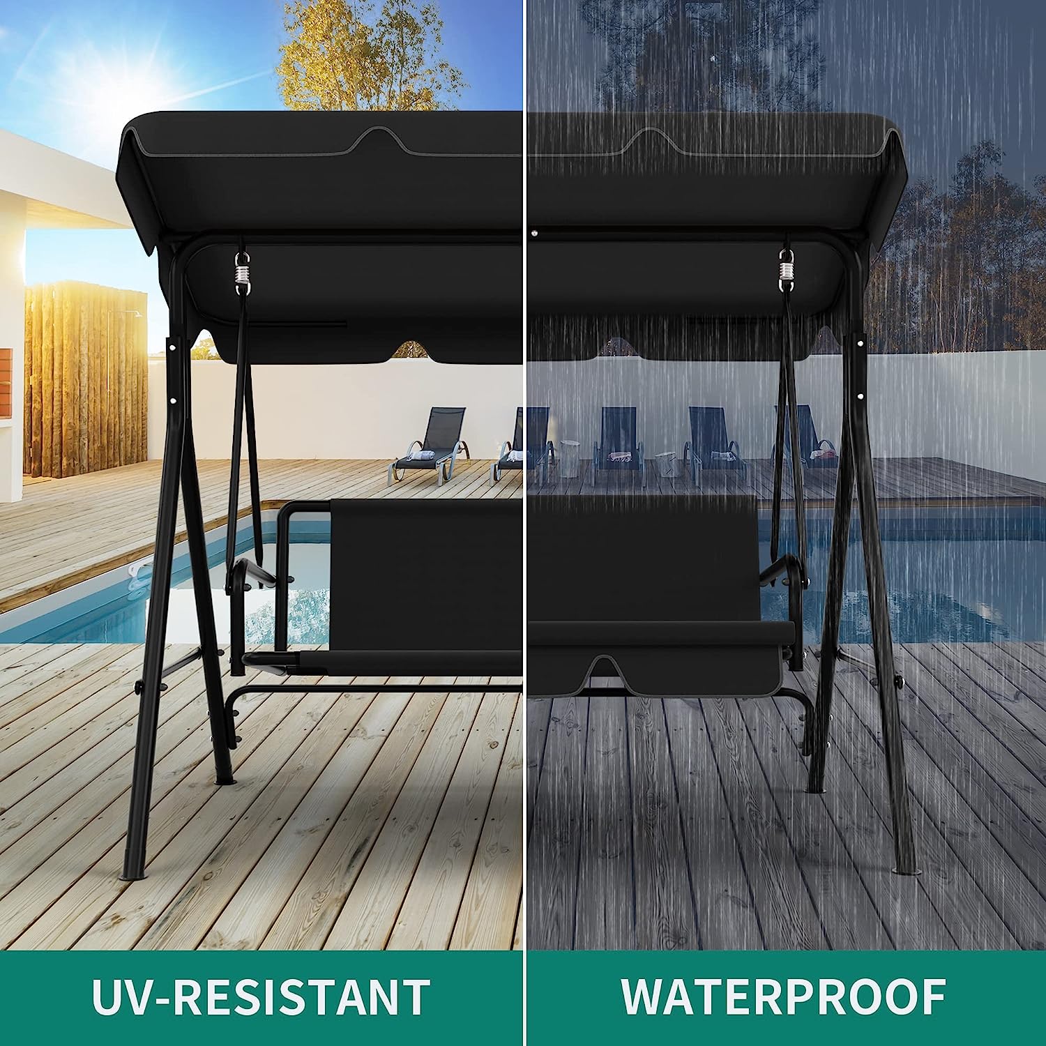 YITAHOME 3-Seat Porch Swing Outdoor Heavy Duty Patio Swing Chair with Stand Adjustable Canopy Soft Cushion for Garden, Patio, Lawn, Balcony and Deck, Black