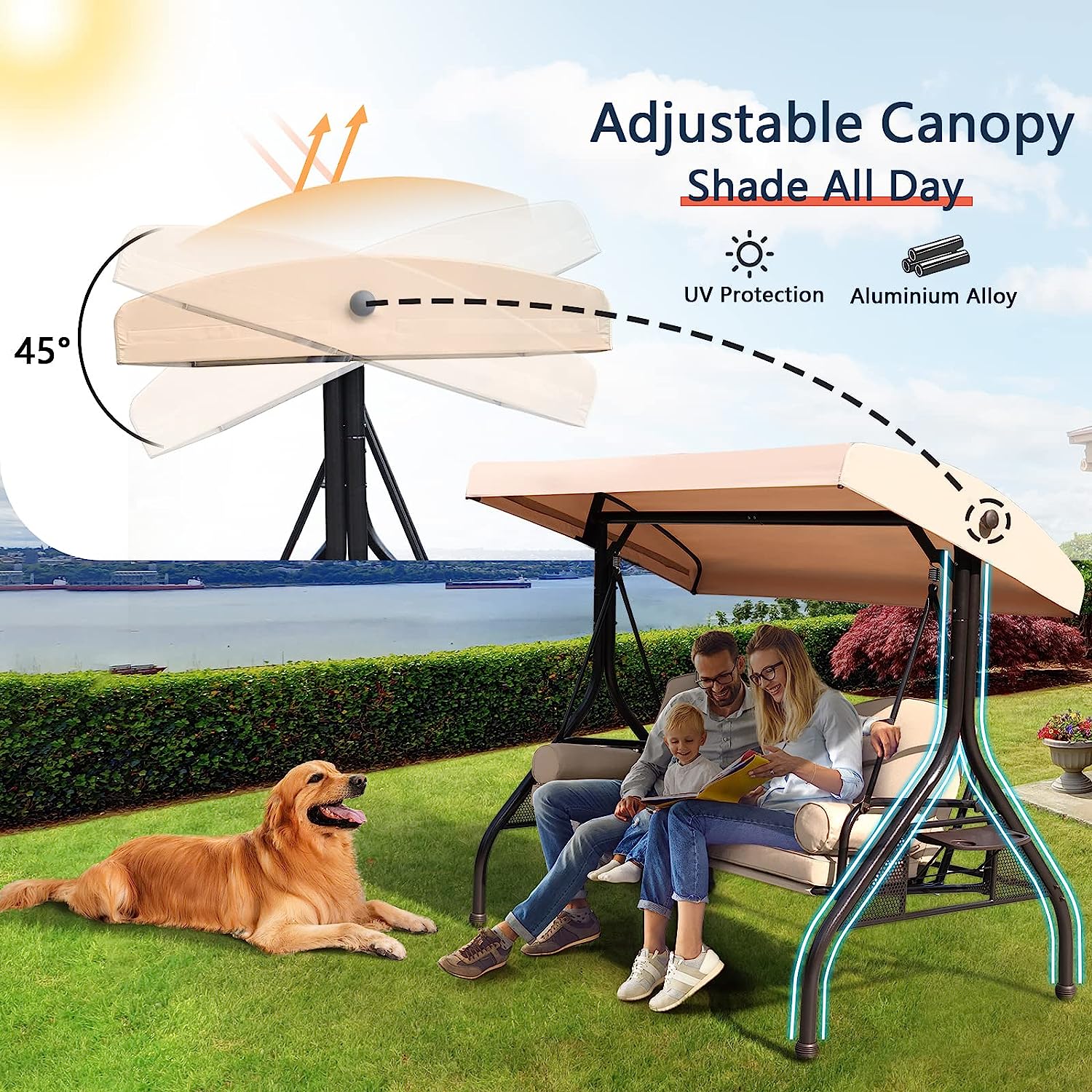 NOBLEMOOD Patio Porch Swing, 3-Seat Outdoor Swing with Adjustable Canopy, Thickened Cushion, Pillow and Foldable Side Tray for Patio, Backyard, Porch Swing Bed for Spring(Khaki)