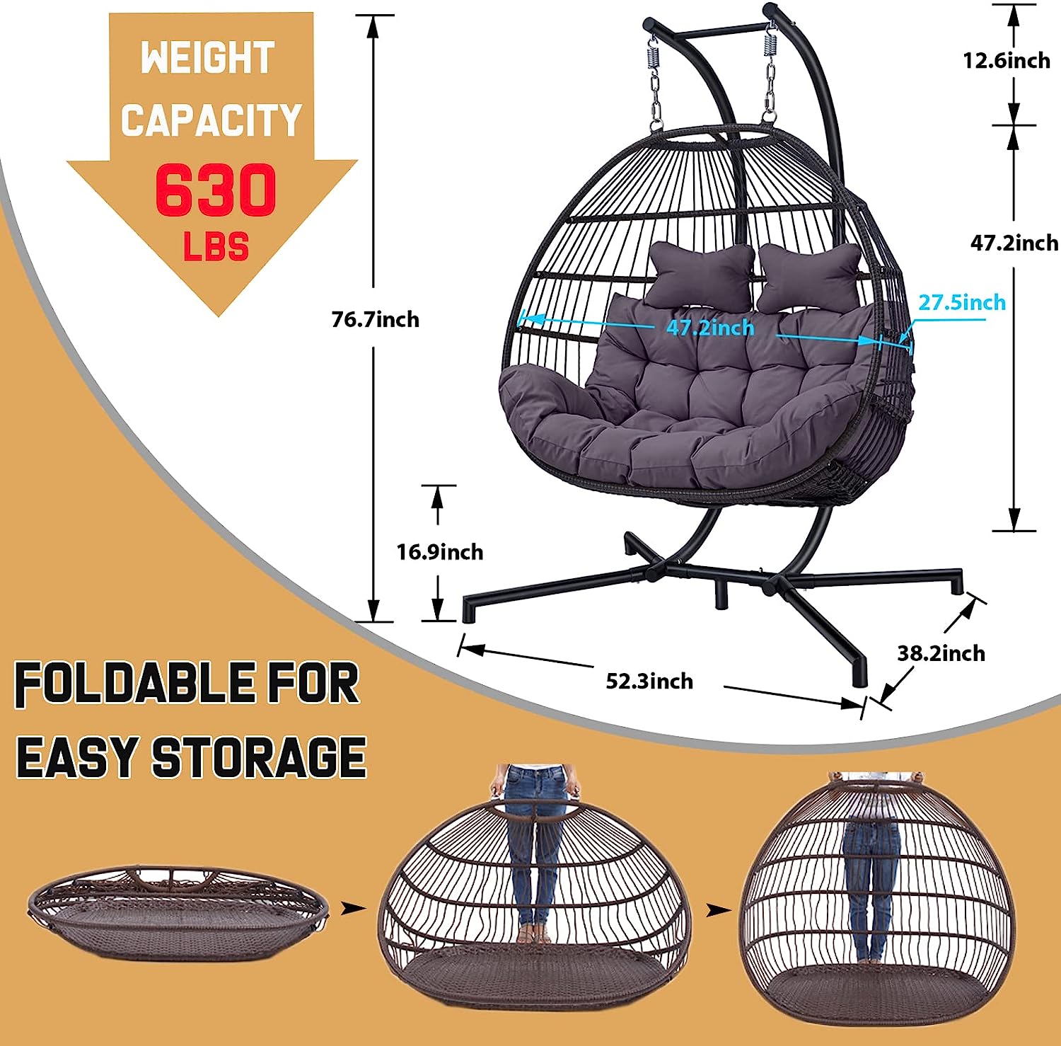 Double Egg Chair with Stand, Foldable 2-Person Hanging Swing Chair with Cover and UV Cushion, X-Large Rattan Wicker Hammock Chair for Indoor Outdoor Garden Patio (Black Frame + Gray Cushion)