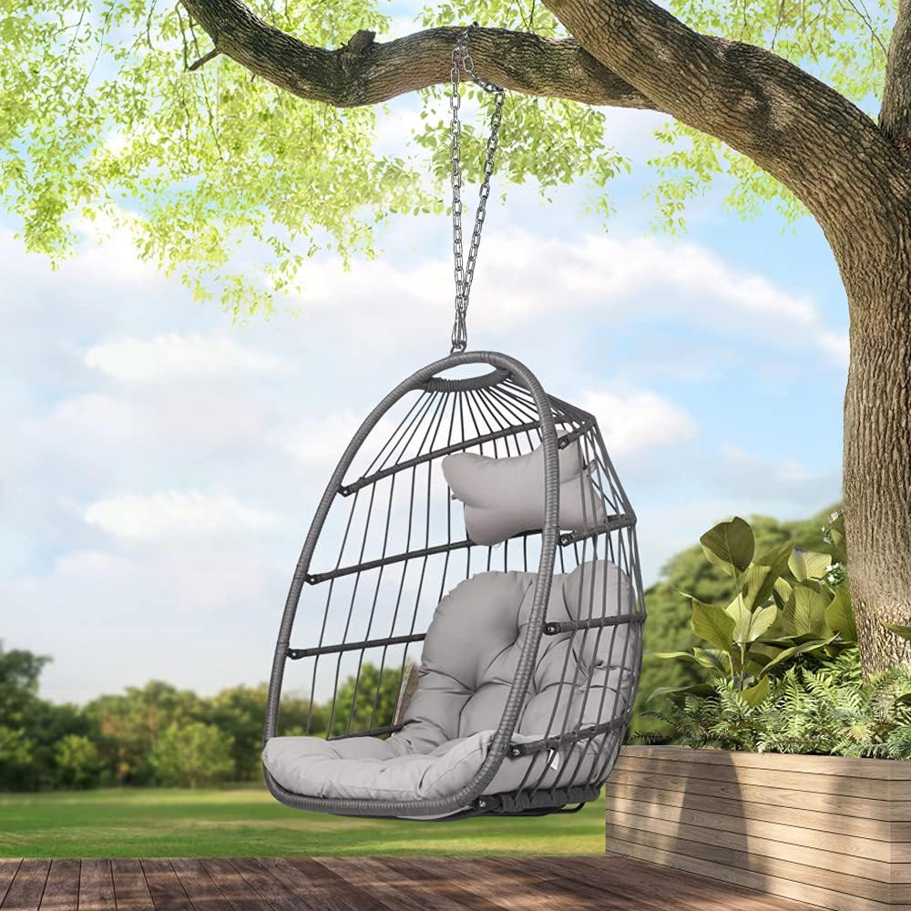 Swing Egg Chair Without Stand Indoor Outdoor Wicker Rattan Patio Basket Hanging Chair with UV Resistant Cushions 265lbs Capaticy for Bedroom Balcony Patio (Without Stand)