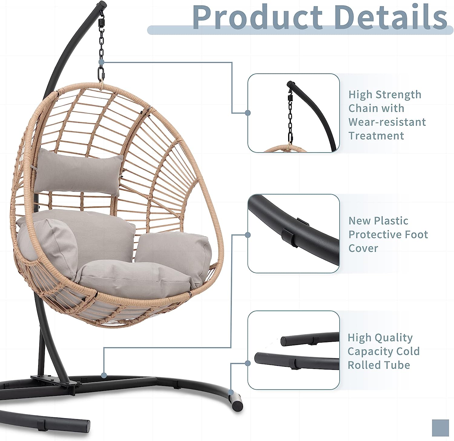 Olela Wicker Egg Swing Chair with Stand Indoor Outdoor,Hanging Egg Chair with Cushion and Pillow,Basket Chair for Bedroom,Living Room or Patio Garden (Natural-Round Base)
