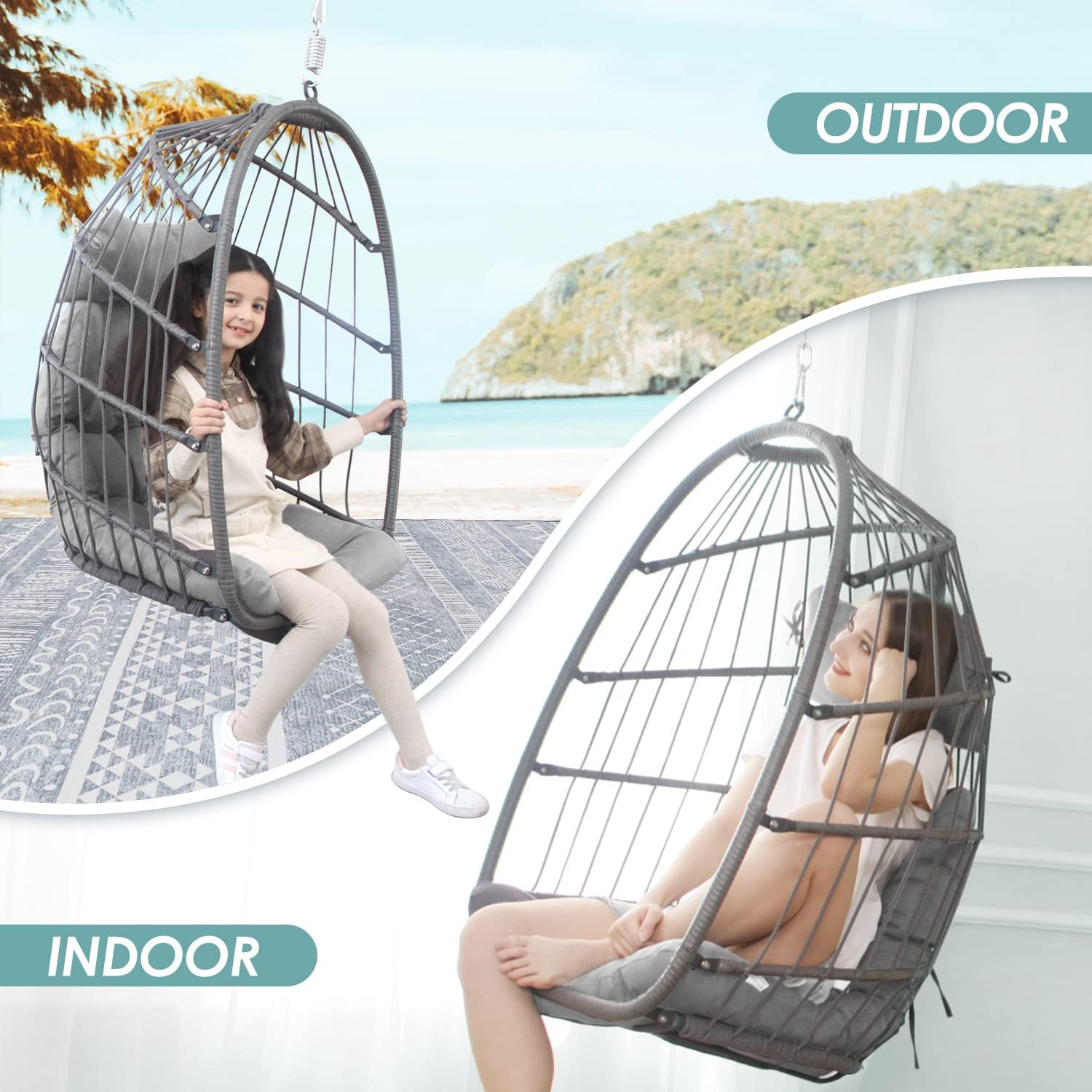 NICESOUL Hanging Egg Chair Without Stand PE Wicker Swing Hammock Egg Basket Ceiling Chairs with Cushions 265lbs Capaticy for Bedroom Living Room Patio Backyard Balcony (Brown)